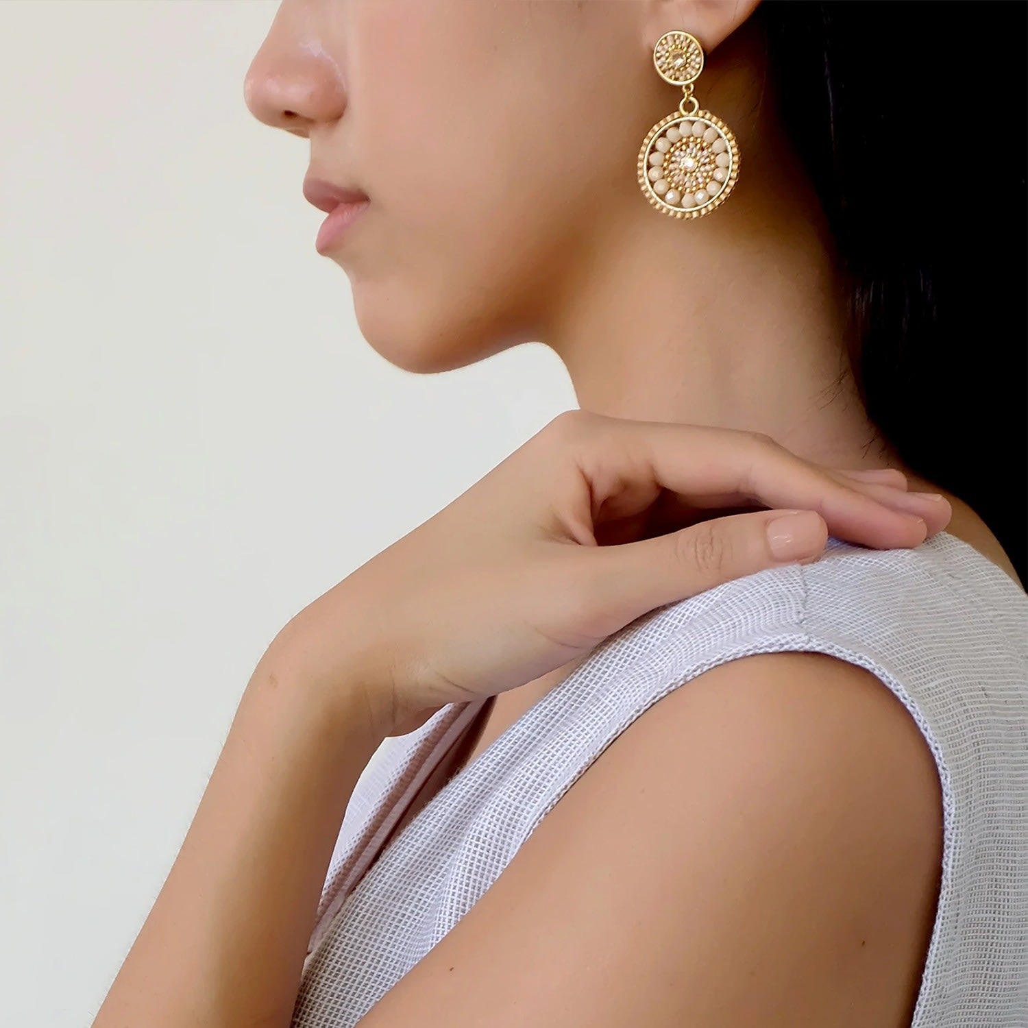 Double Circle Statement Drop Earrings - Bridal White