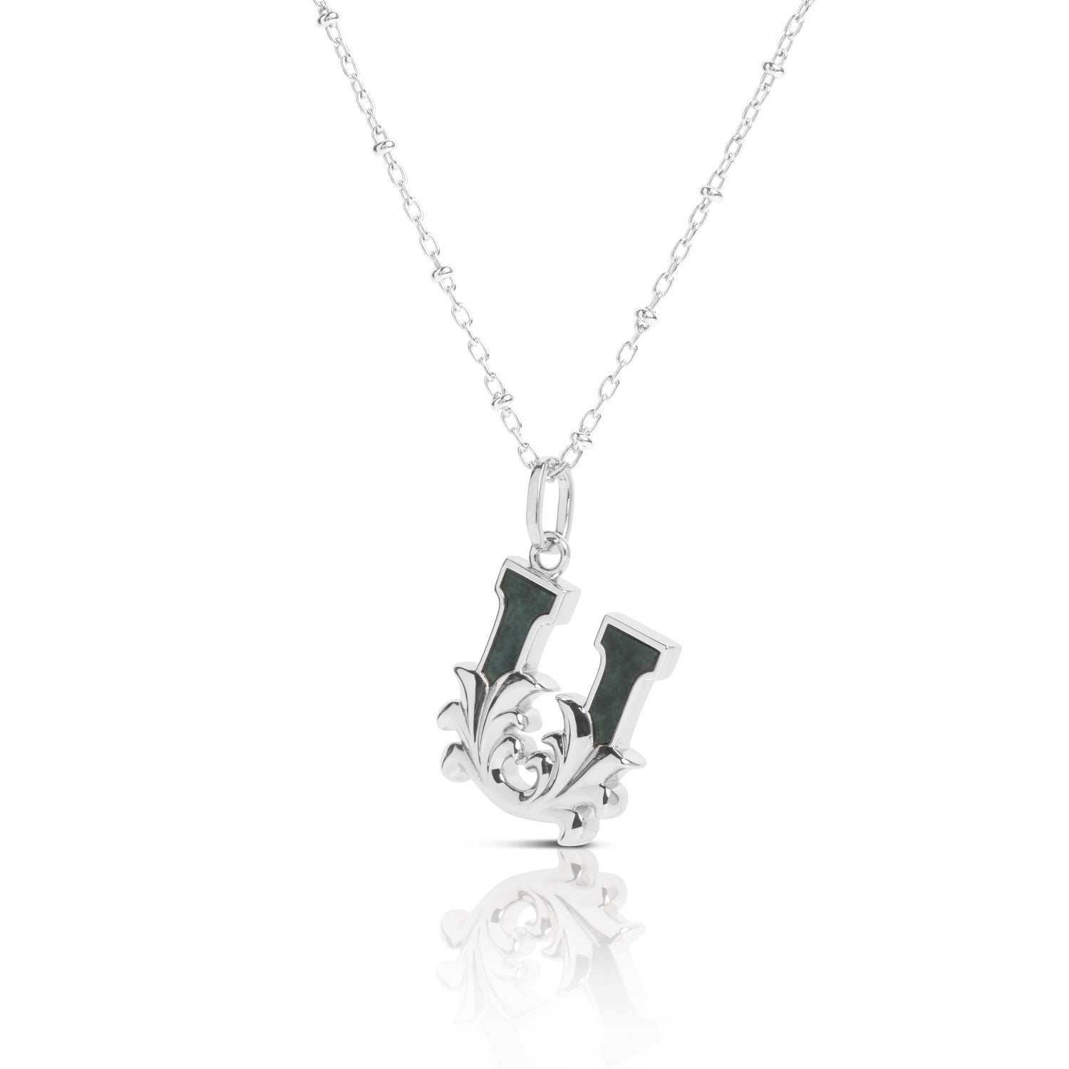 Solid Silver U Initial Necklace With Green Marble