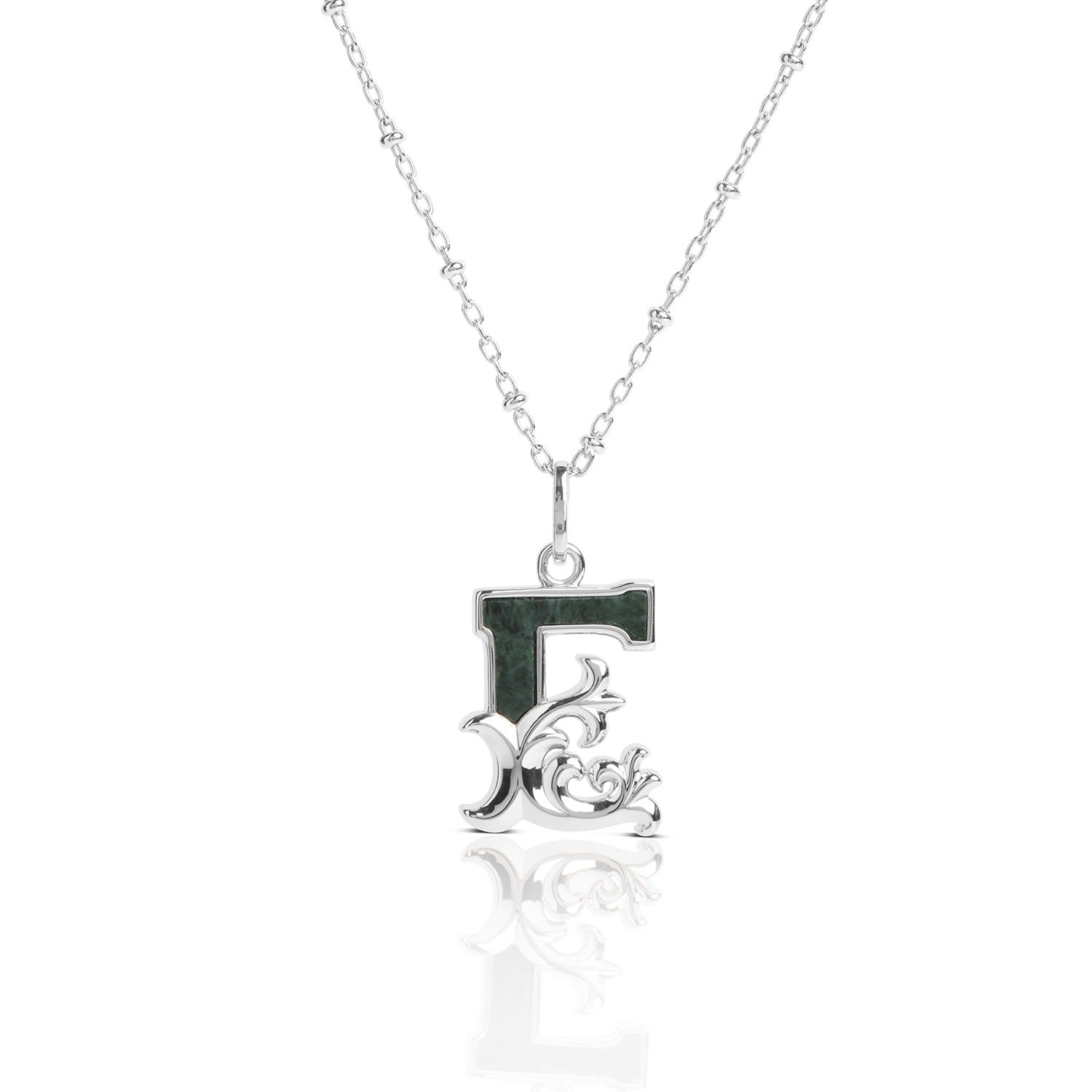 Solid Silver E Initial Necklace With Green Marble