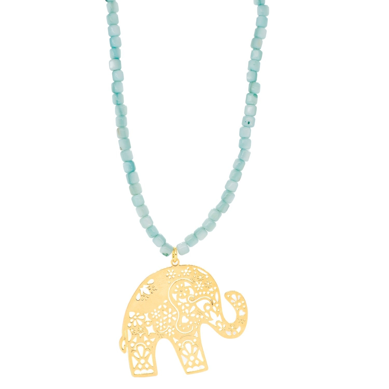Bohemian Gold Elephant Beaded Necklace - Blue
