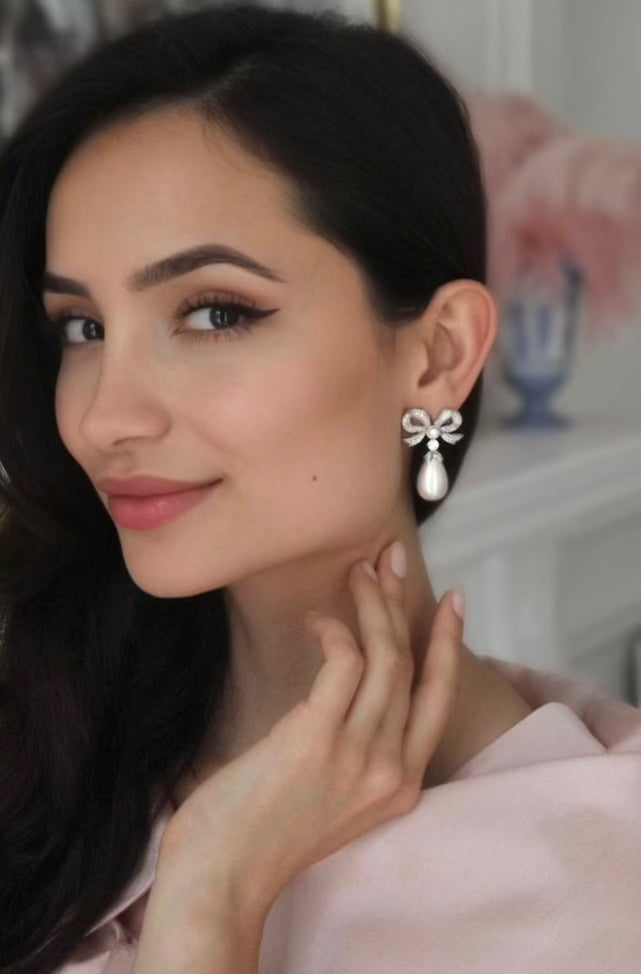Queen Bow & Pearl Drop Silver Earrings