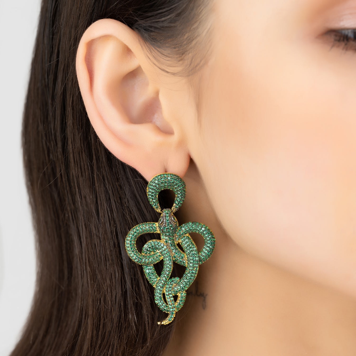 Viper Snake Drop Earrings Gold Emerald