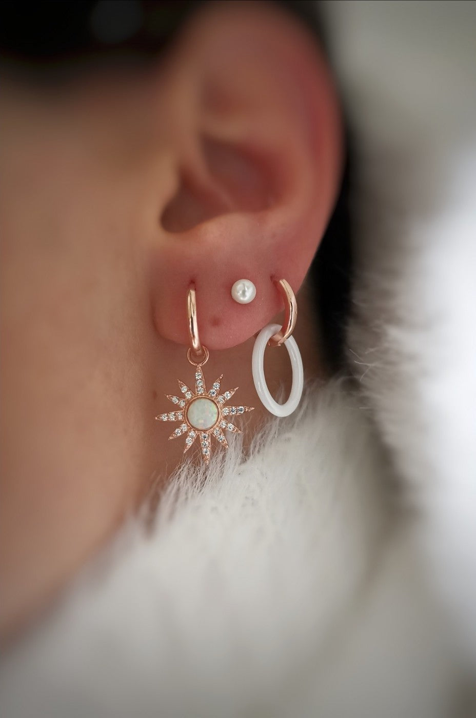 Drop Hoop Sun White Opal Earring Sterling Silver - Rose Gold