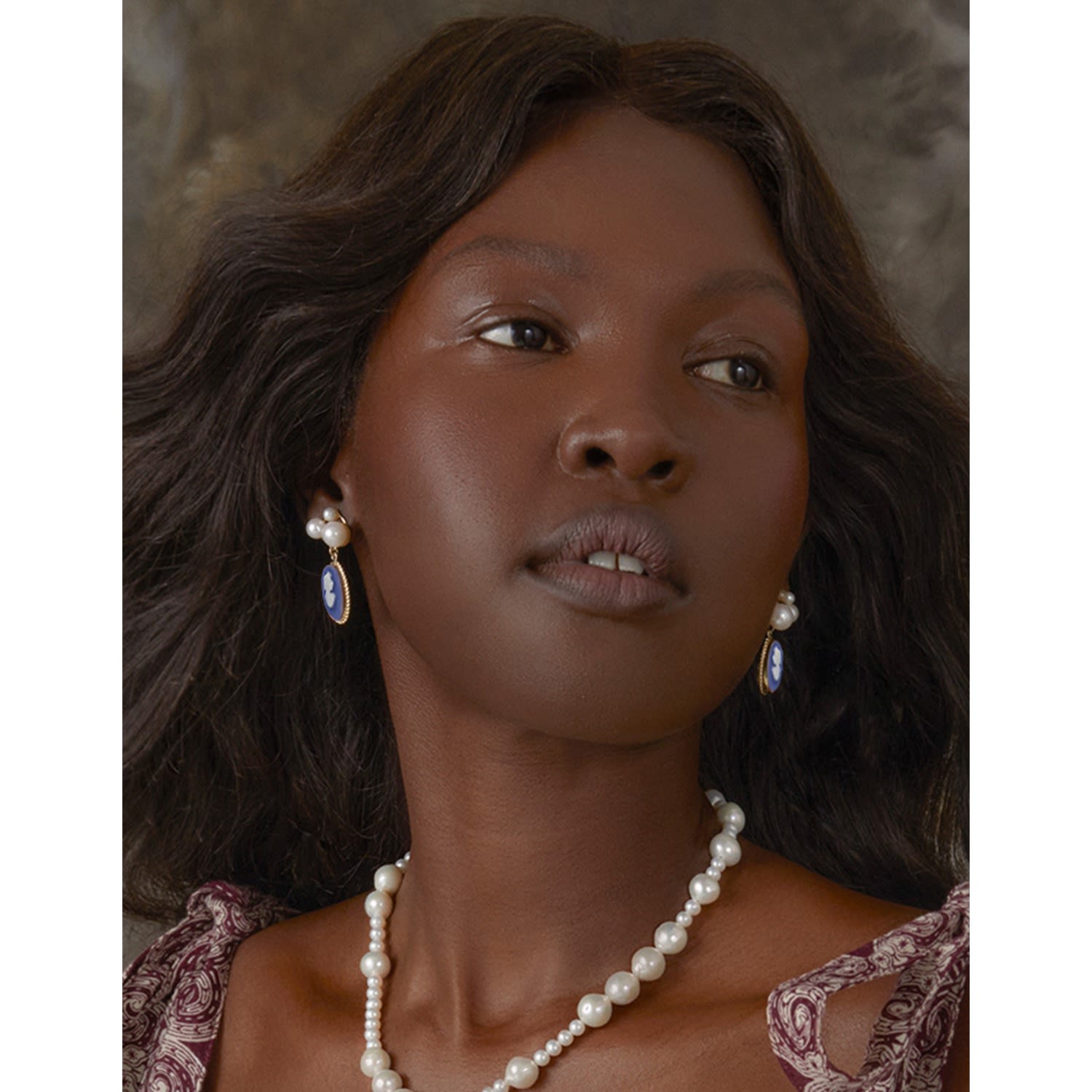 Lilith Gold-Plated Blue Cameo And Pearl Stud Earrings