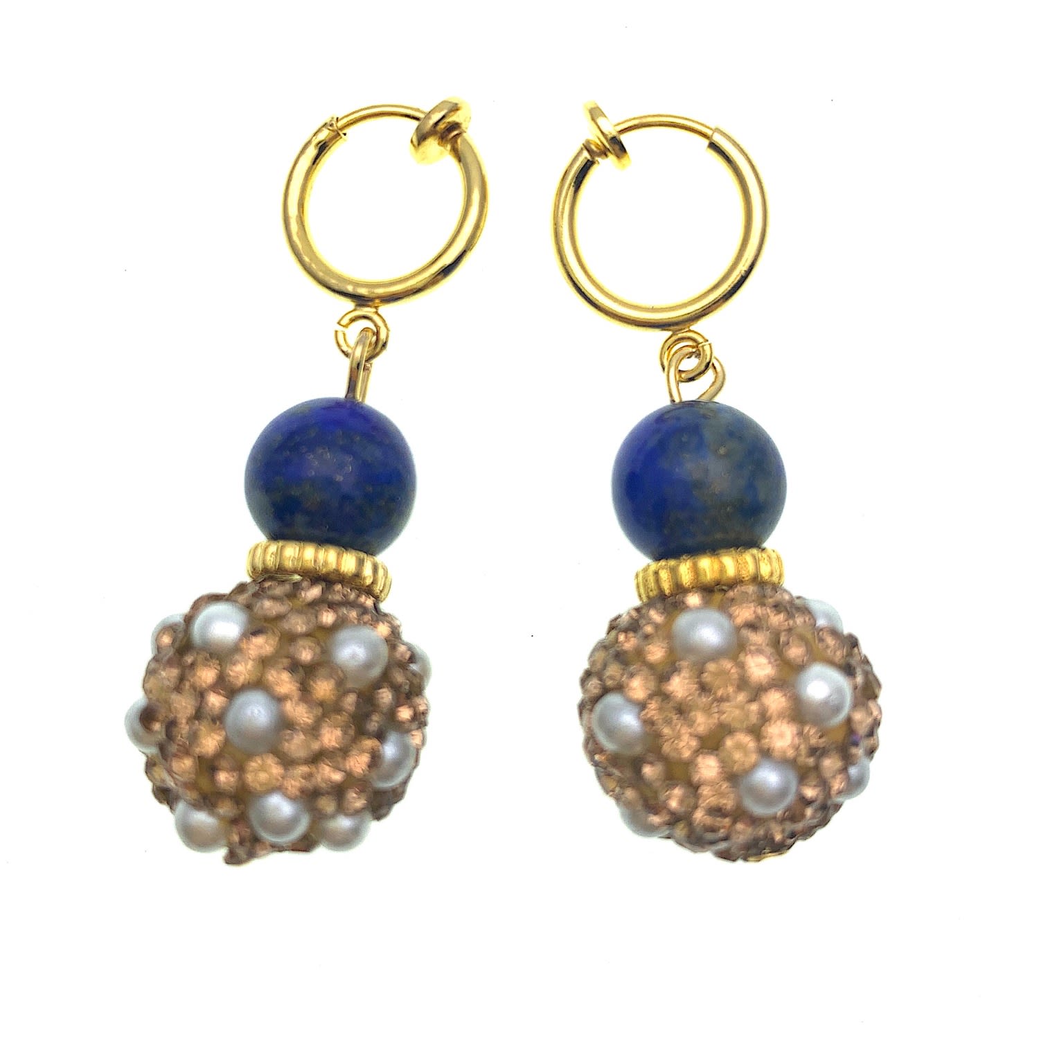 Round Lapis With Rhinestones Bordered Pearls Simple Dangle Clip On Earrings