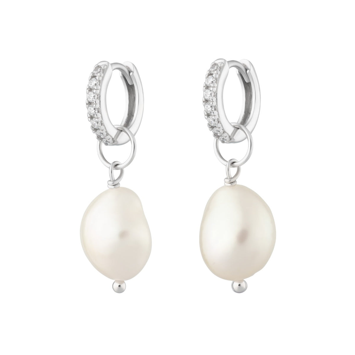Silver Sparkle Huggie Earrings With Baroque Pearls