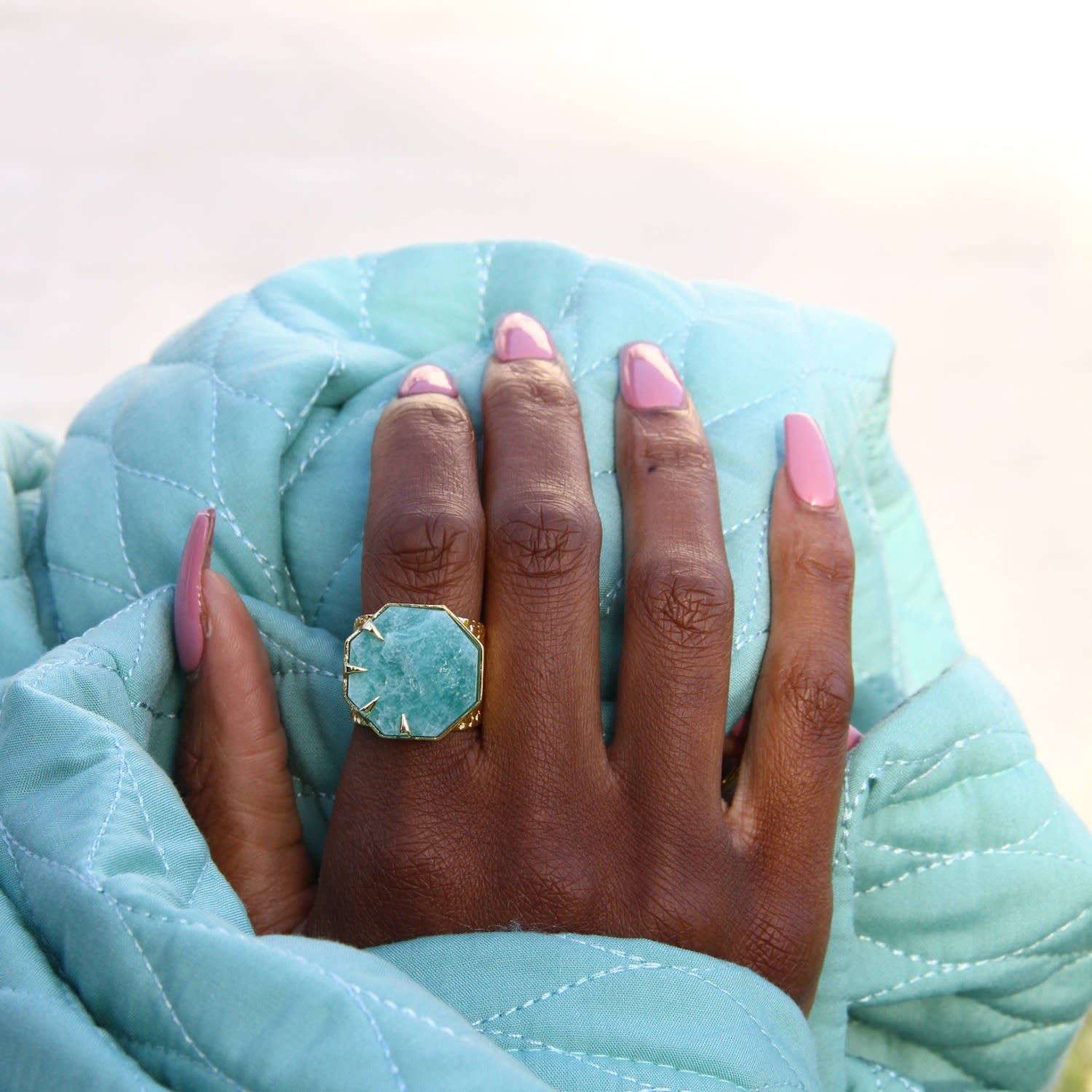 Hold On Amazonite Gemstone Gold Adjustable Statement Ring