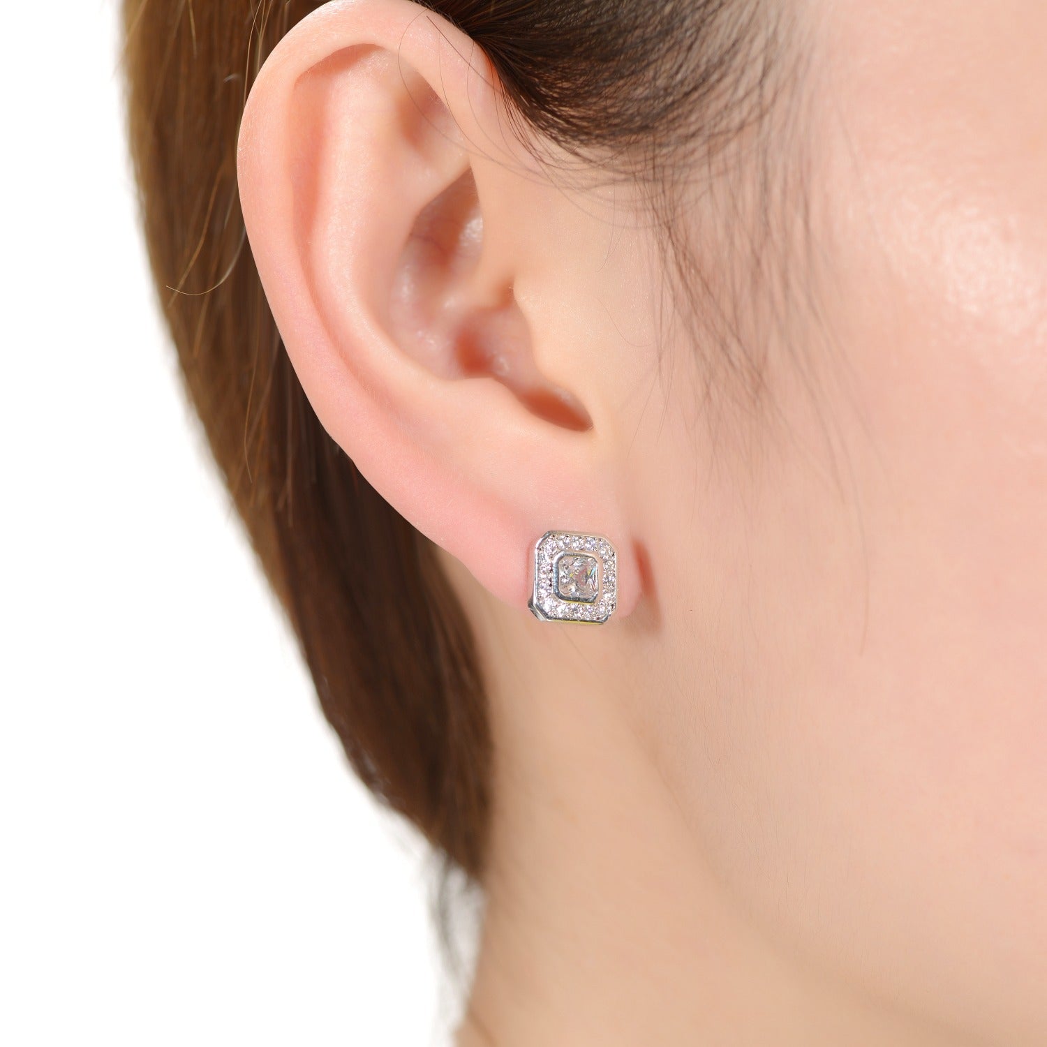 Rachel Glauber Rhodium Plated Cubic Zirconia Square Stud Earrings