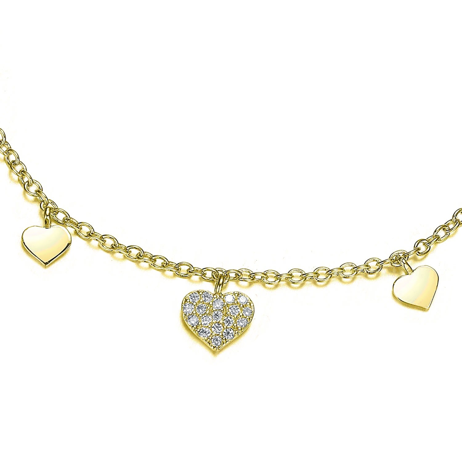 Gold Plated With Clear Cubic Zirconia Kids-Young Adult Heart Charm Bracelet