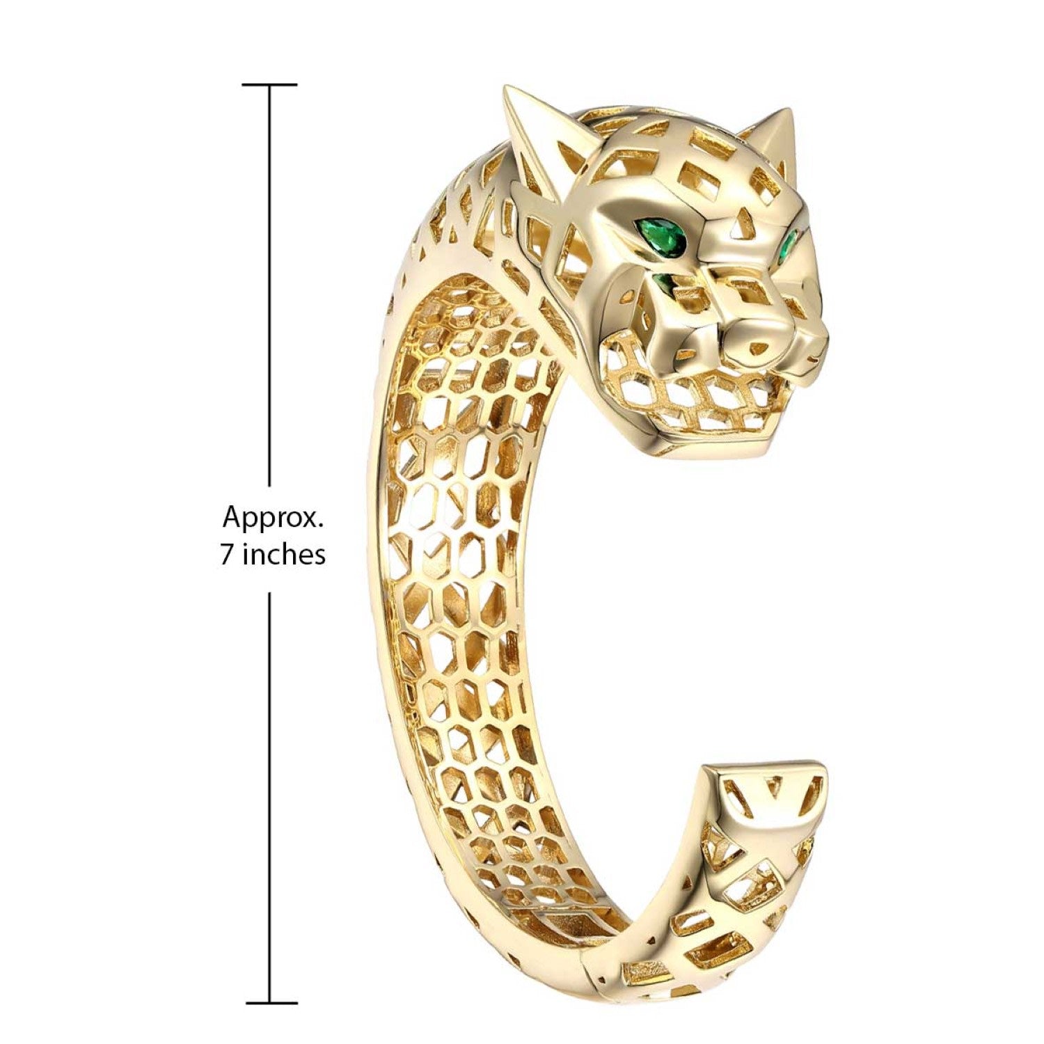 Rachel Glauber Gold Plated Sterling Silver With Emerald Cubic Zirconia Jaguar Open Cuff Bangle Bracelet