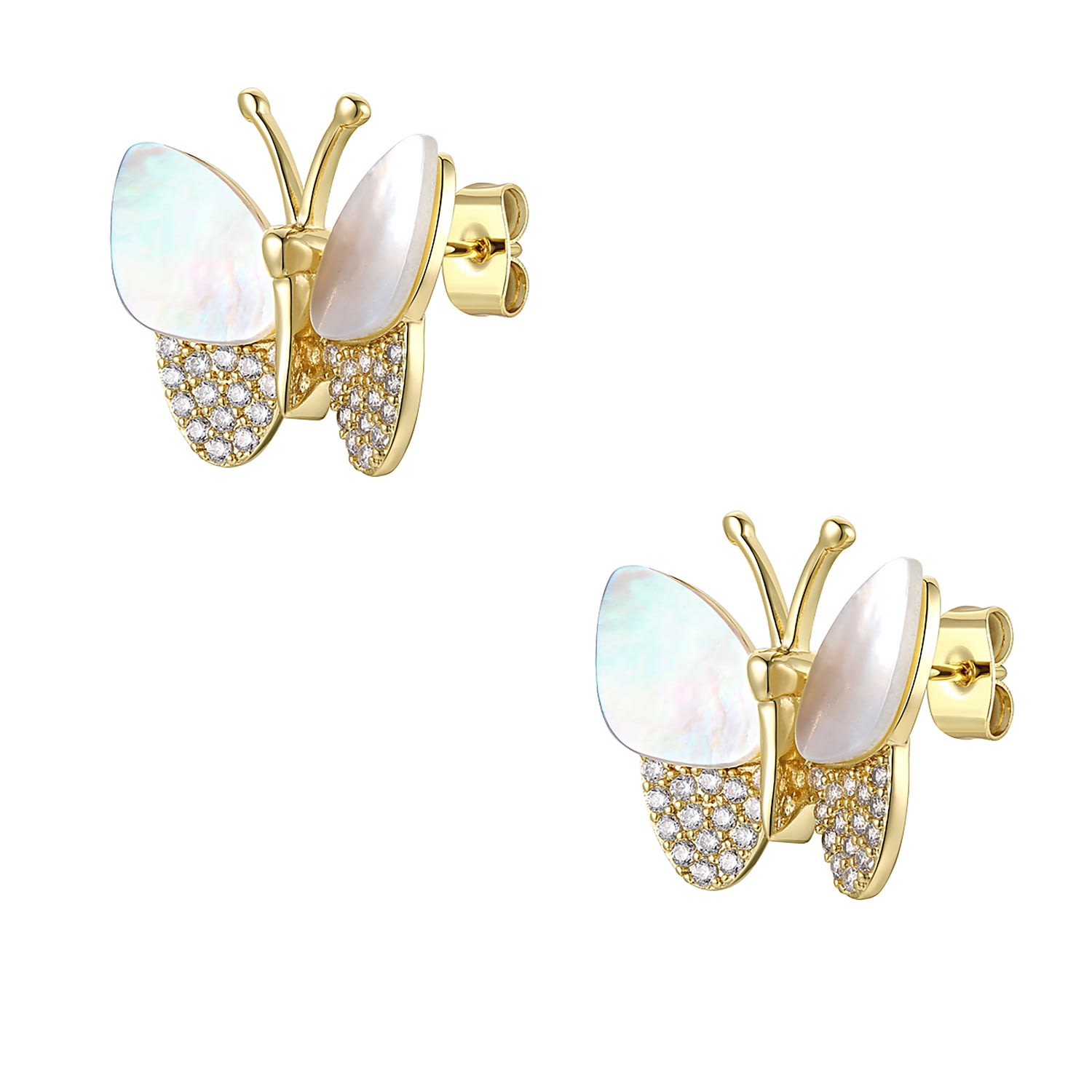 Rachel Glauber Gold Plated Sterling Silver With Mother Of Pearl & Diamond Cubic Zirconia Butterfly Stud Earrings