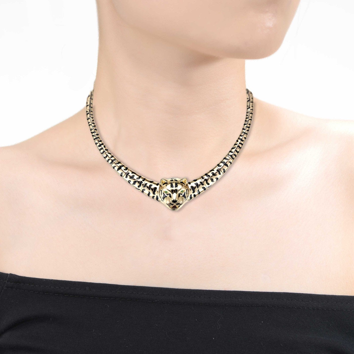 Rachel Glauber Gold Plated With Black Enamel Leopard Head Omega Necklace