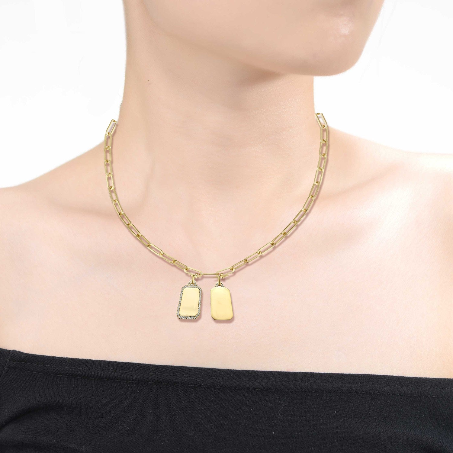 Rachel Glauber Gold Plated With Cubic Zirconia Double Dog Tag Pendant Cable Chain Adjustable Necklace