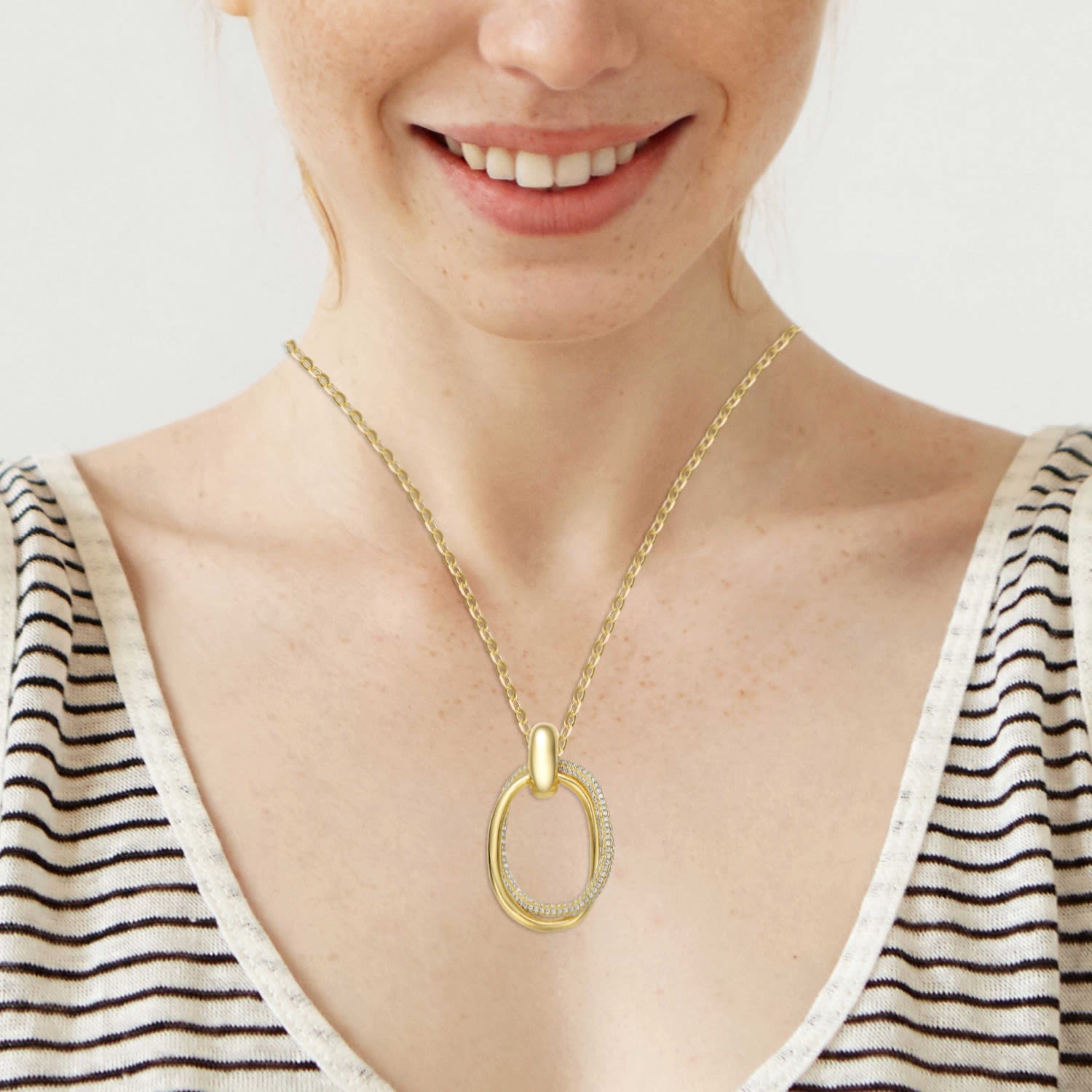 Stunning Gold Plated With Clear Cubic Zirconia Double Entwined Oval Eternity Circle Pendant Necklace