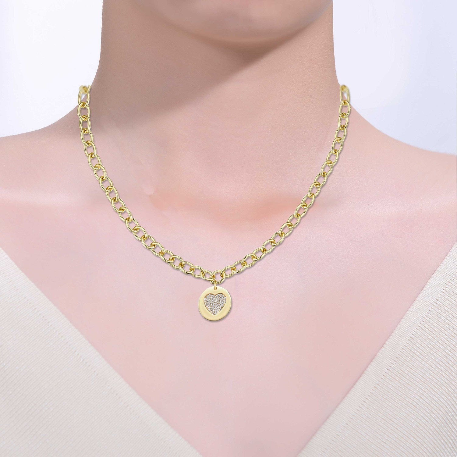 Rachel Glauber Gold Plated With Cubic Zirconia Heart Medallion Pendant Curb Chain Adjustable Necklace