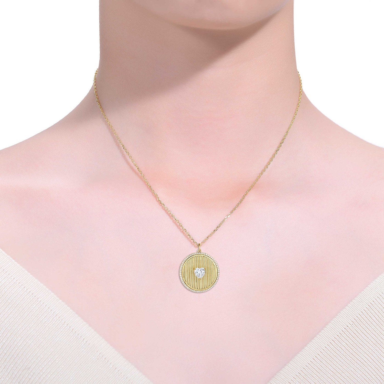 Rachel Glauber Gold Plated With Cubic Zirconia Heart Medallion Pendant Necklace