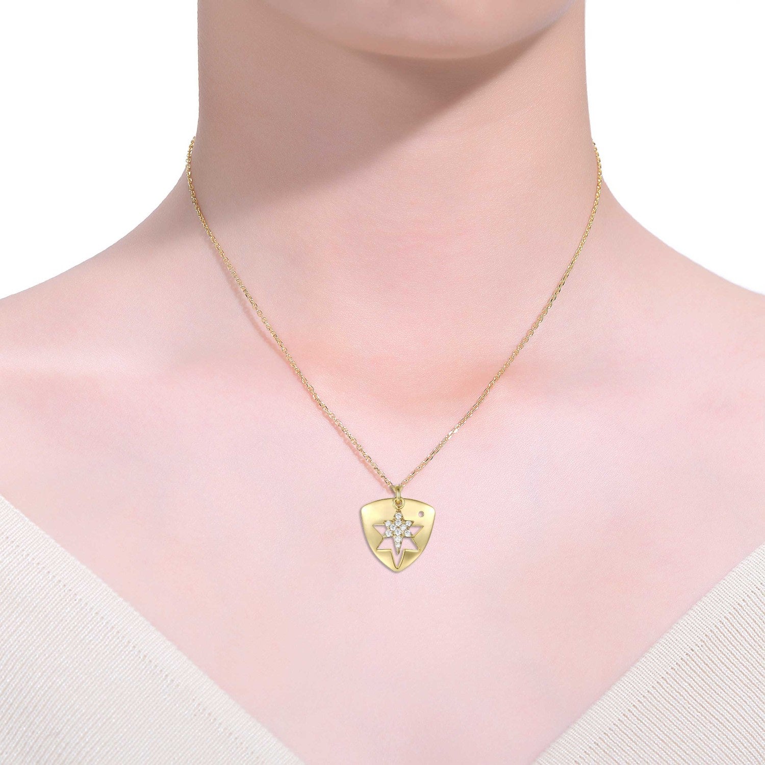 Rachel Glauber Gold Plated With Cubic Zirconia Laser-Cut 6-Pointed Star Triangle Shield Double Pendant Charm Necklace
