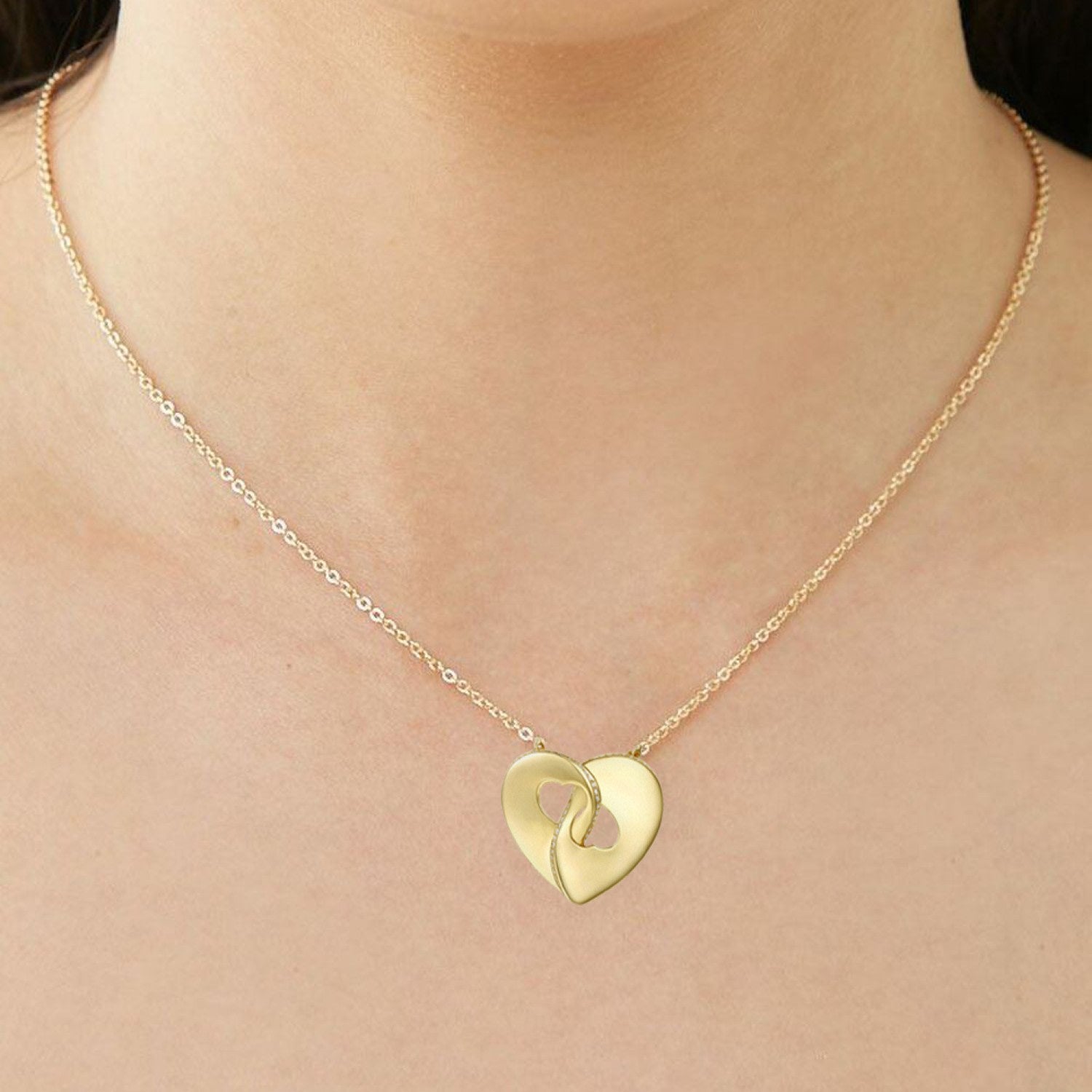 Rachel Glauber Gold Plated With Cubic Zirconia Modern Double Heart Half Cut-Out Entwined Necklace