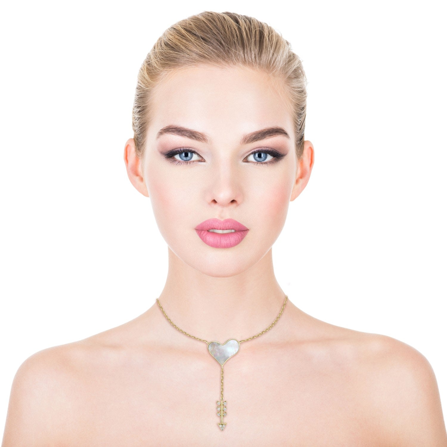 Rachel Glauber Gold Plated With Cubic Zirconia & Mother Of Pearl Cupid’s Arrow Heart Y-Necklace