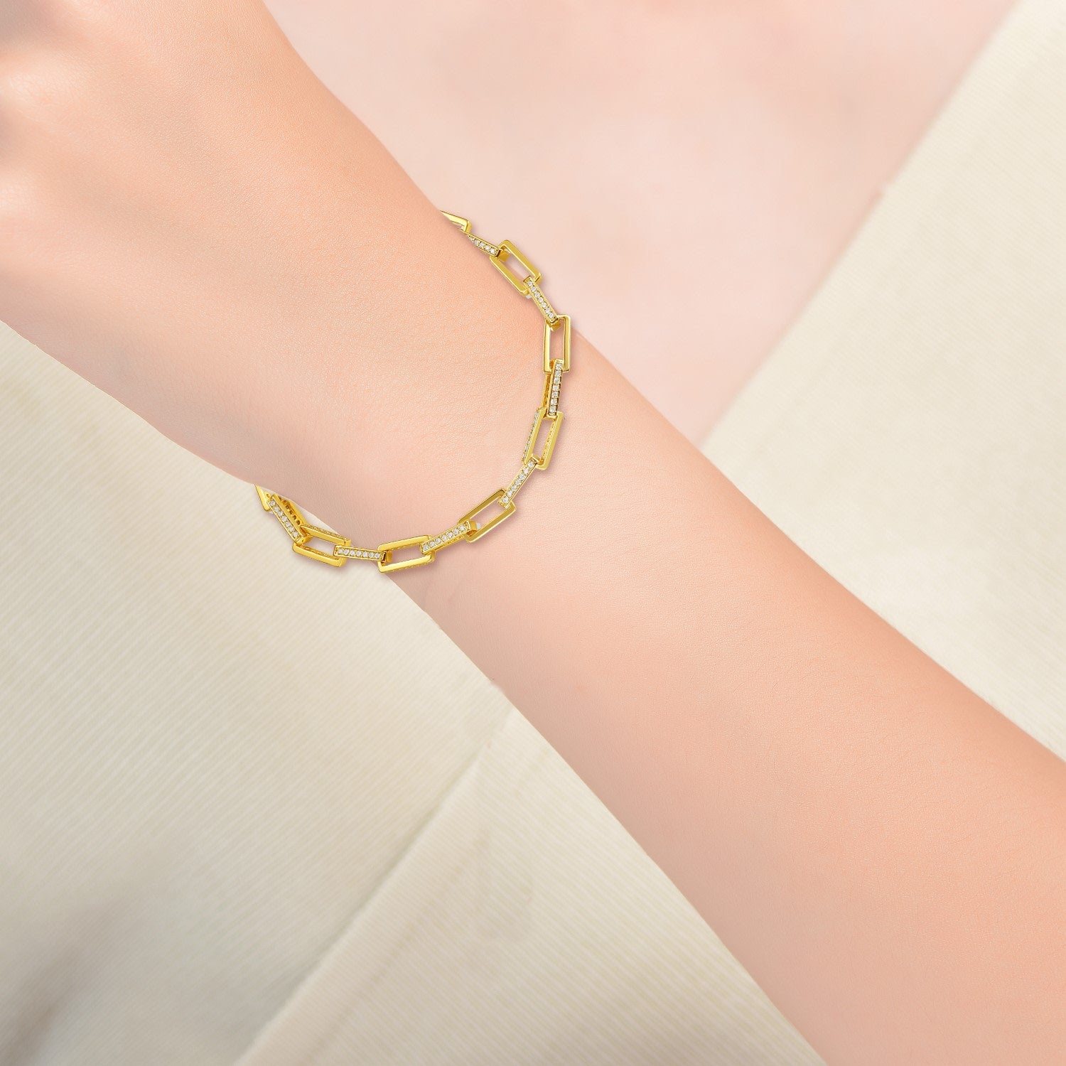 Rachel Glauber Gold Plated With Cubic Zirconia Rectangular Cable Link Adjustable Bracelet