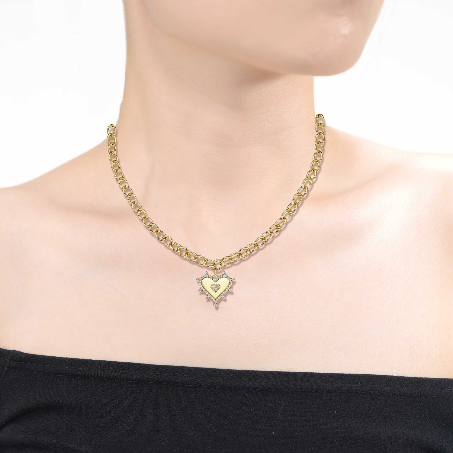 Rachel Glauber Gold Plated With Cubic Zirconia Sunshine Heart Pendant Curb Chain Adjustable Necklace
