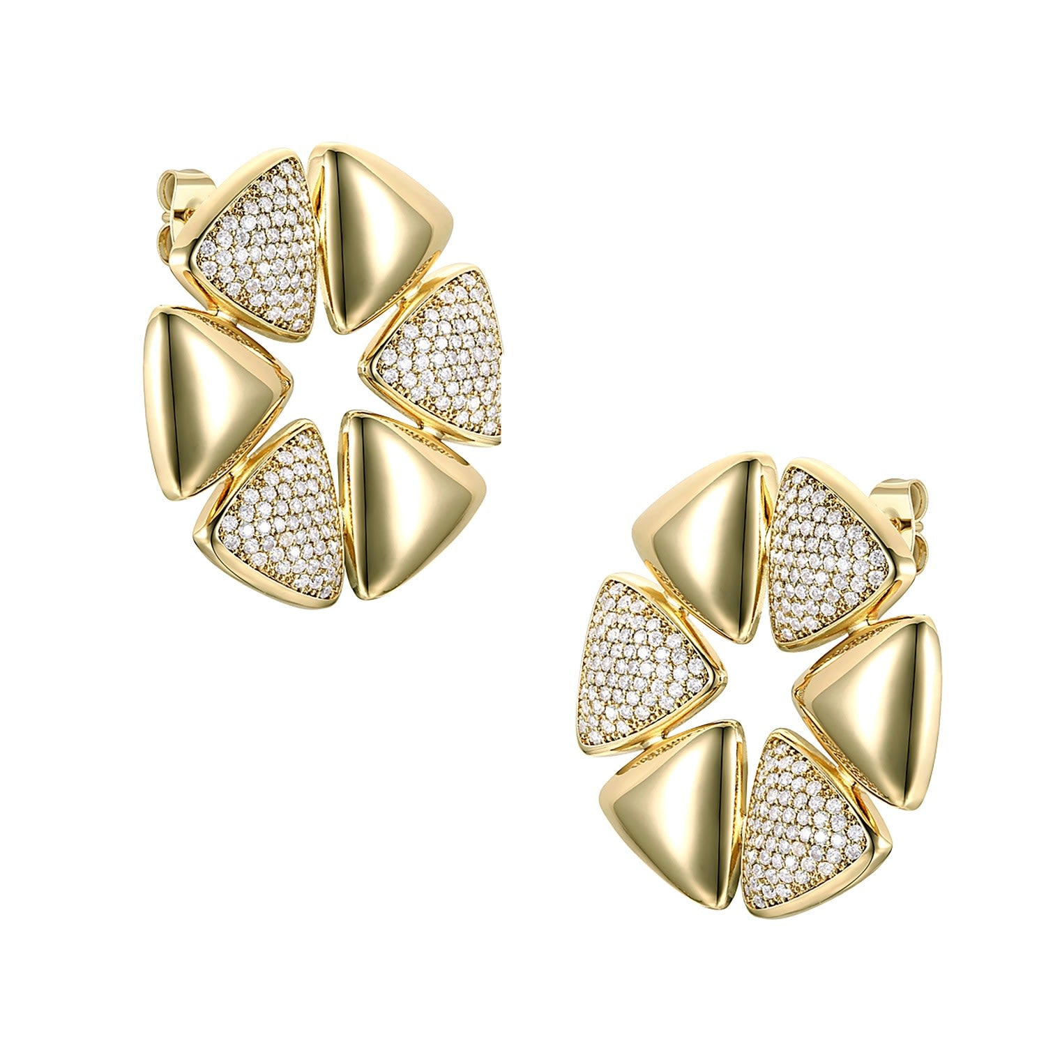 Rachel Glauber Gold Plated With Diamond Cubic Zirconia Pave Large Modern Abstract Flower Stud Earrings