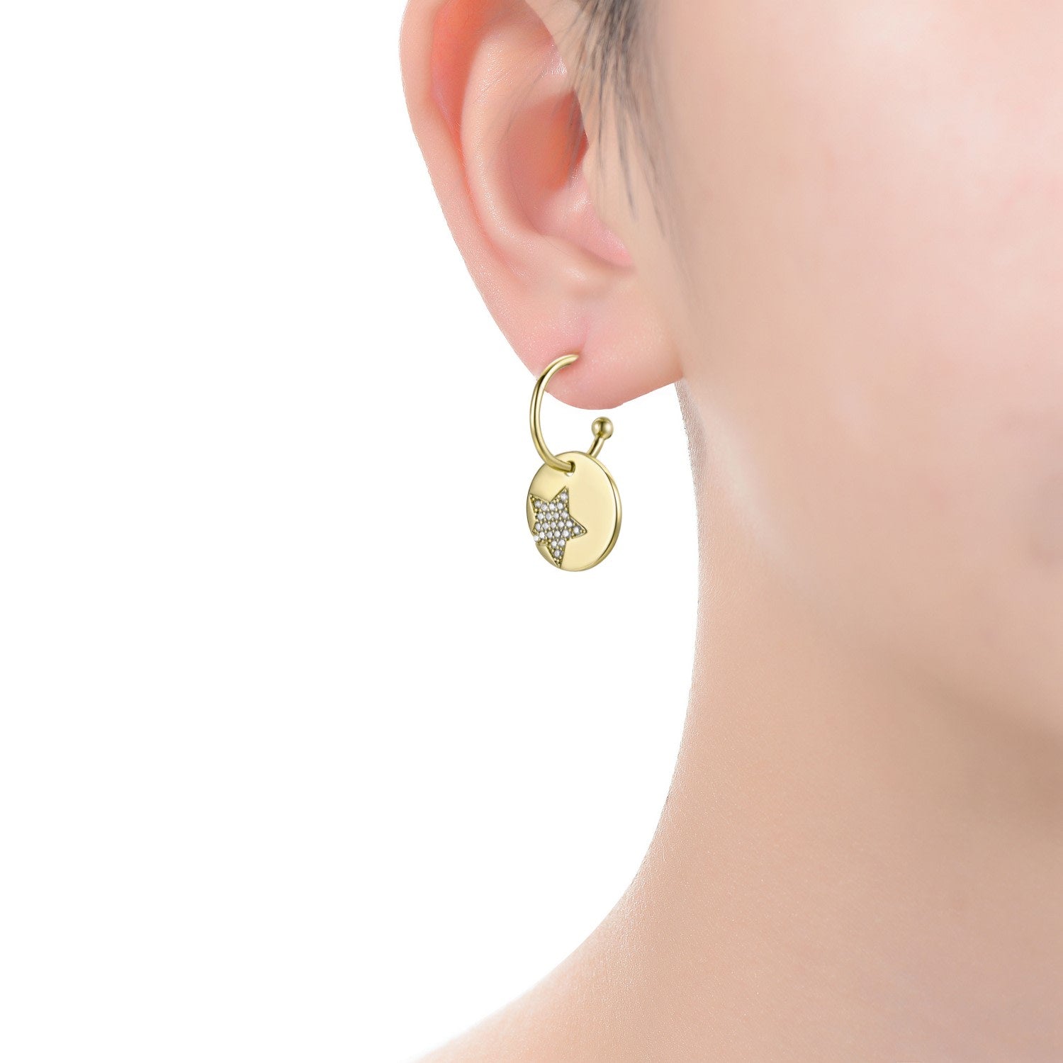 Rachel Glauber Gold Plated With Diamond Cubic Zirconia Star Medallion Charm C-Hoop Earrings
