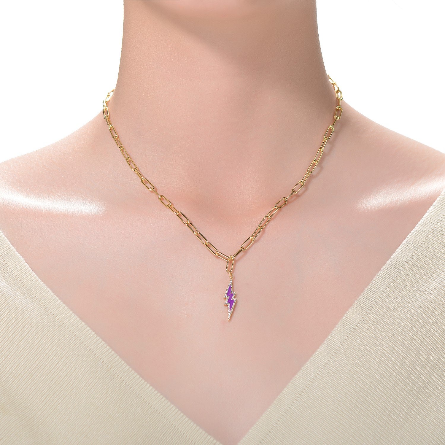 Rachel Glauber Kids Gold Plated Cubic Zirconia Amethyst Thunder Charm Necklace