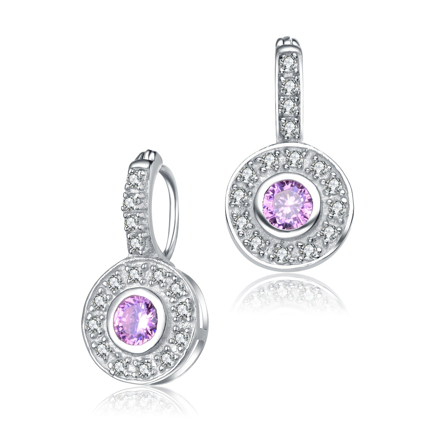 Rachel Glauber White Gold Plated Round Dangle Earrings With Pink Cubic Zirconia