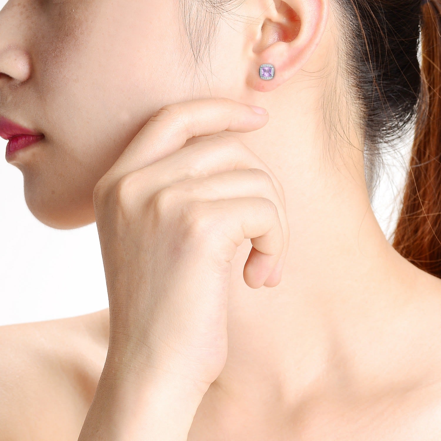 Rachel Glauber White Gold Plated Square Stud Earrings With Pink Cubic Zirconia