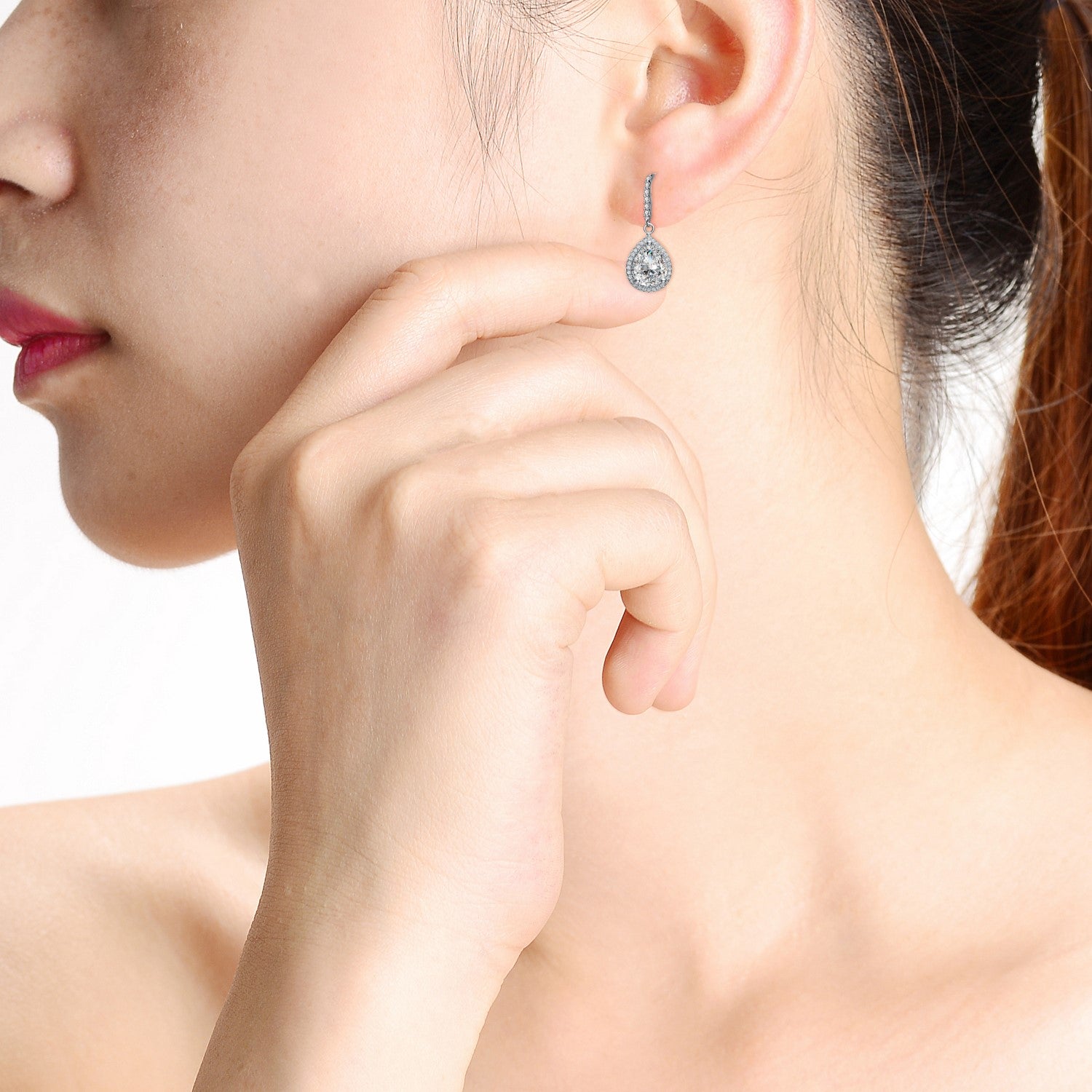 Rachel Glauber White Gold Plated Cubic Zirconia Raindrop Pear Halo Dangle Earrings