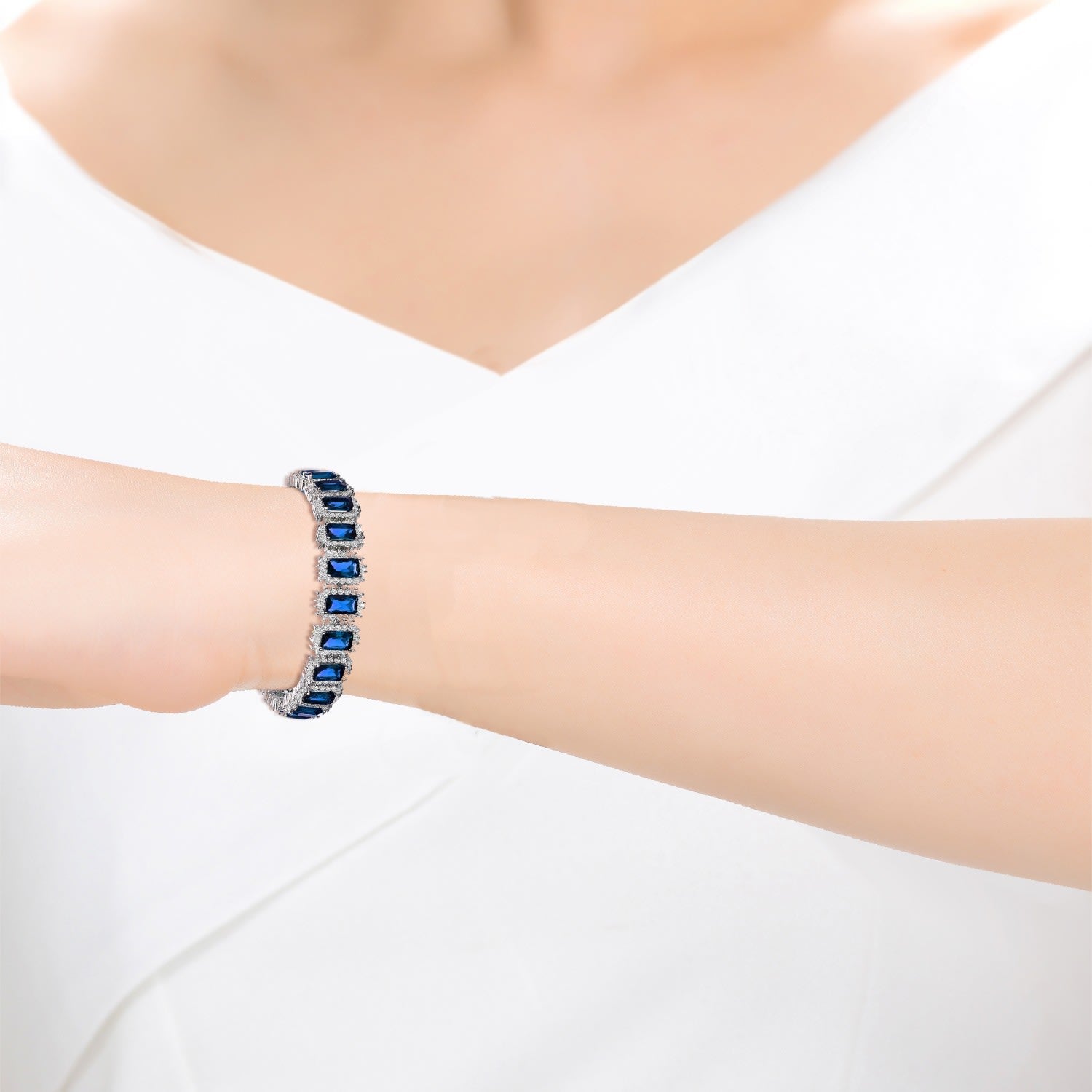 Rachel Glauber White Gold Plated With Blue Sapphire & Cubic Zirconia Rectangular Halo Cluster Link Vintage Tennis Bracelet