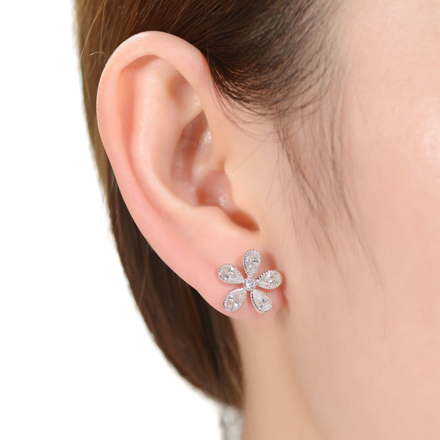 Rachel Glauber White Gold Plated Cubic Zirconia Blooming Flower Stud Earrings