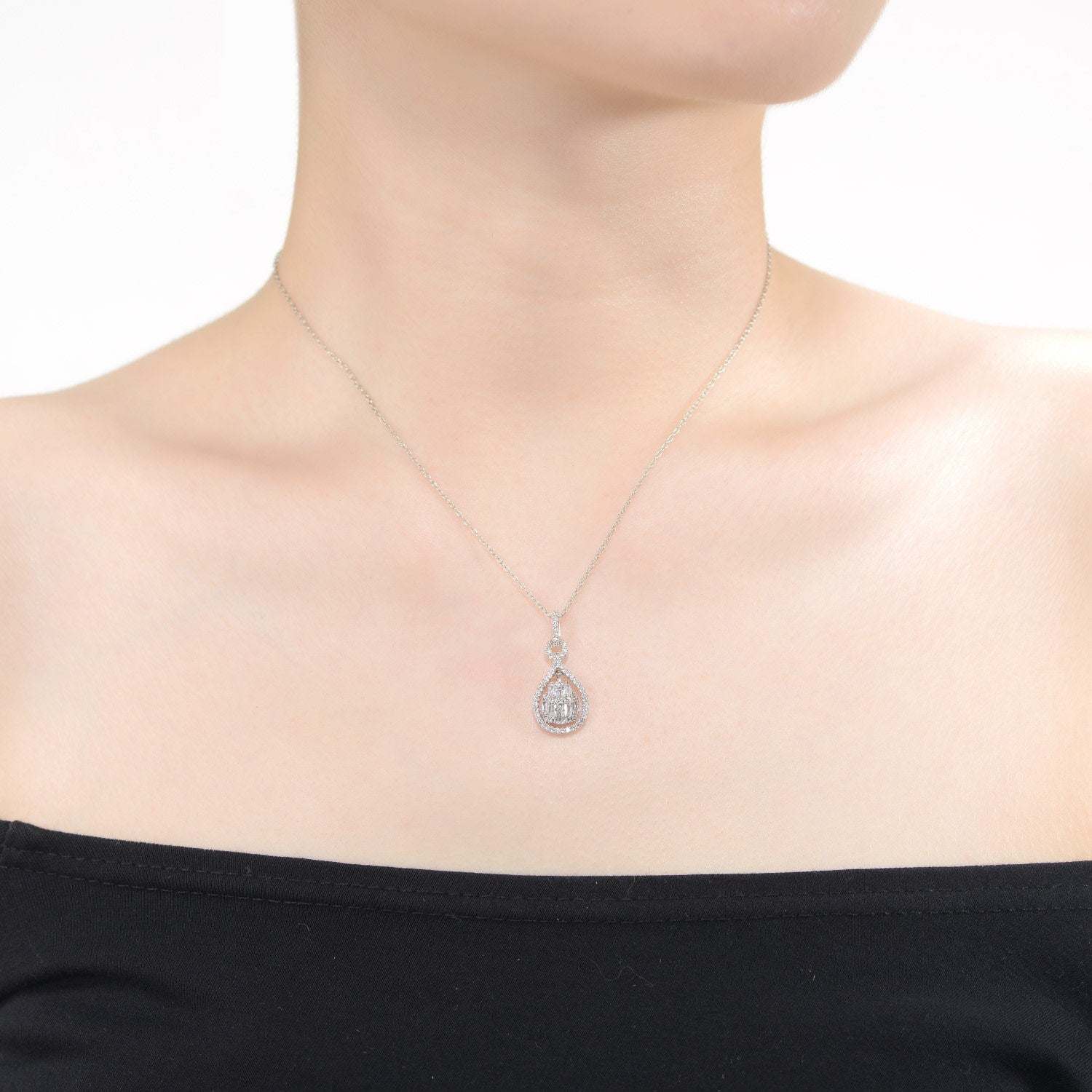Rachel Glauber White Gold Plated With Cubic Zirconia Door Knocker Love Knot Pendant Necklace