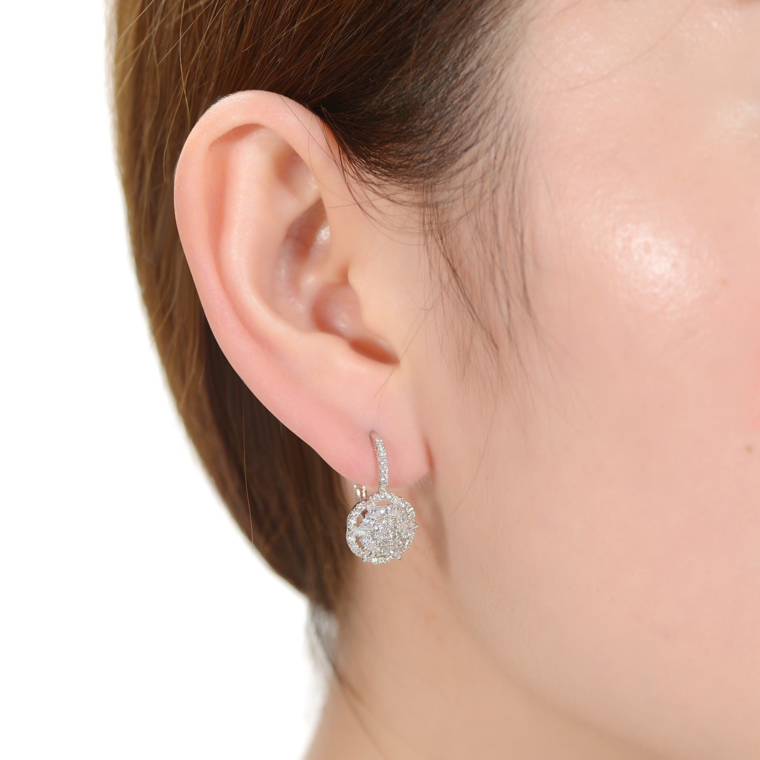 White Gold Plated With Clear Cubic Zirconia Flower Cluster Halo Leverback Dangle Earrings