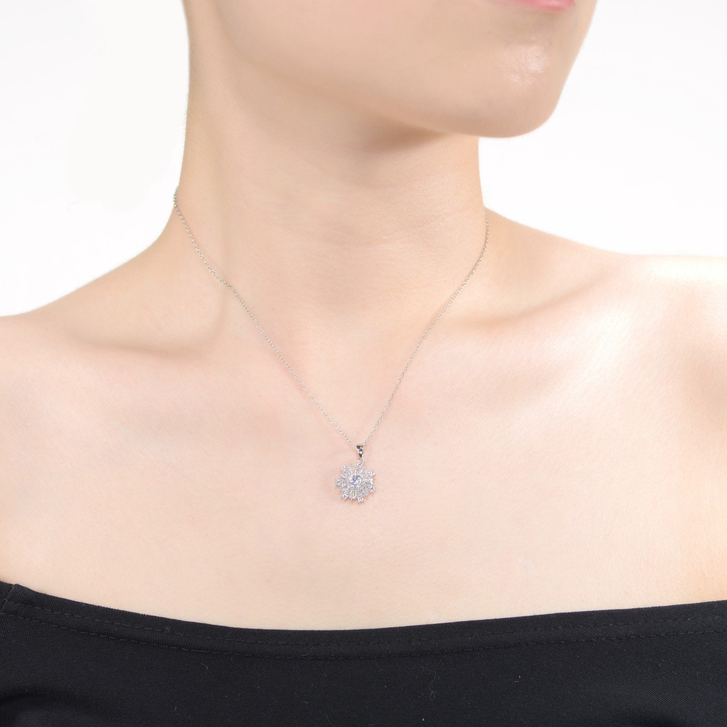 Rachel Glauber White Gold Plated With Cubic Zirconia Flower Snowflake Pendant Necklace