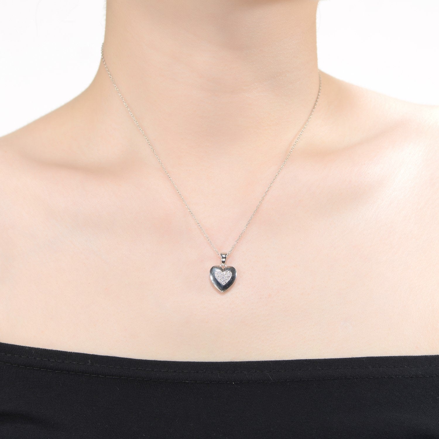 Rachel Glauber White Gold Plated With Cubic Zirconia French Pave Heart Pendant Necklace
