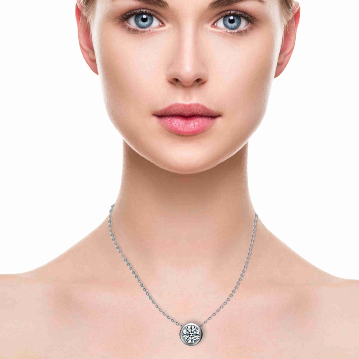 Rachel Glauber White Gold Plated Cubic Zirconia Round Solitaire Bezel Floating Pendant Necklace