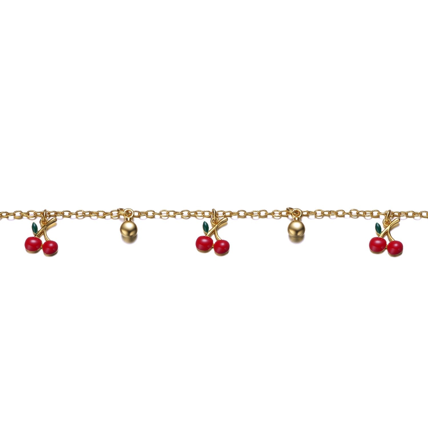 Rachel Glauber Yellow Gold Plated Adjustable Bracelet With Red Enamel Cherry Charms For Kids