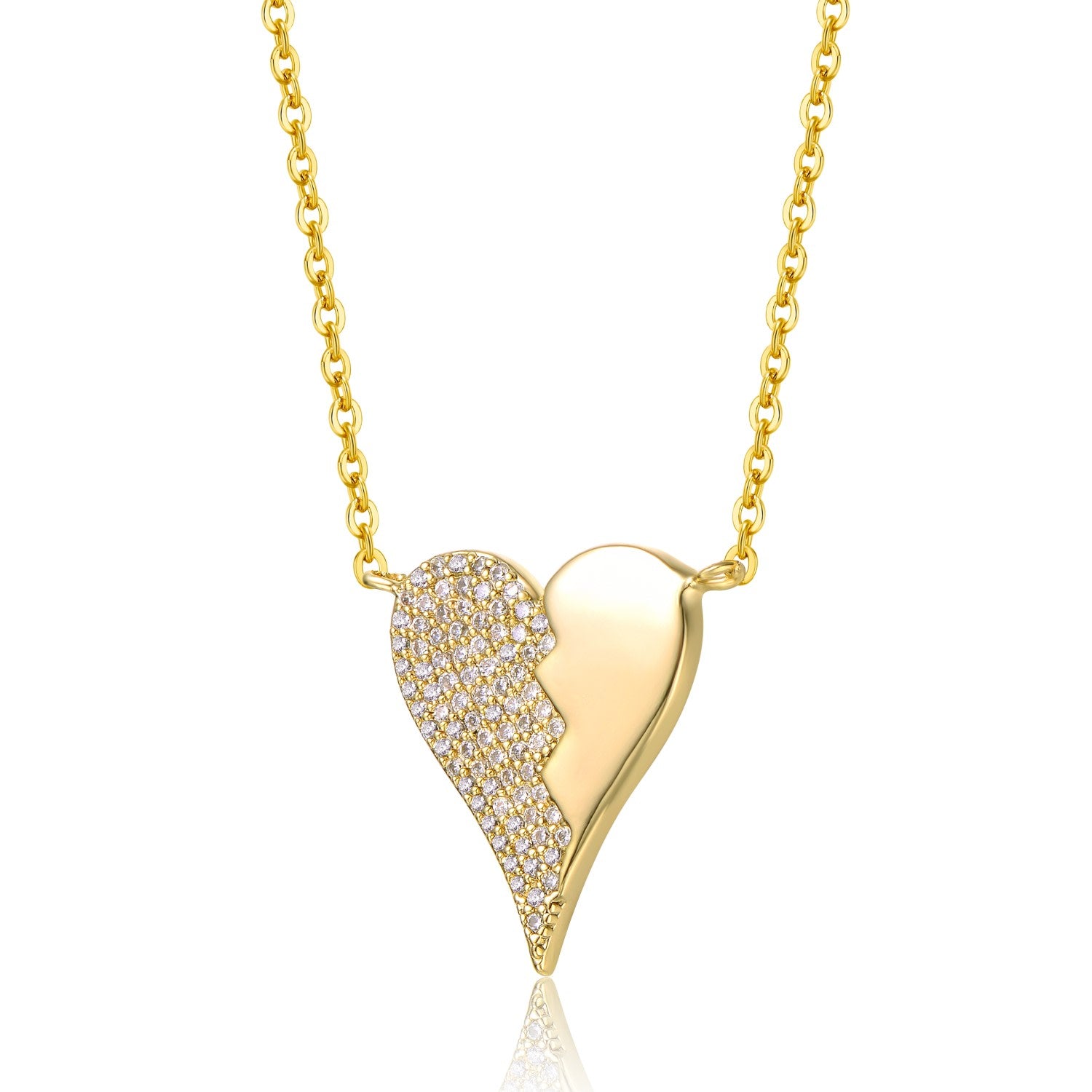Teens Sterling Silver Yellow Gold Plated With Cubic Zirconia Broken Cracked Zig-Zag Half & Half Stolen Heart Pendant Necklace