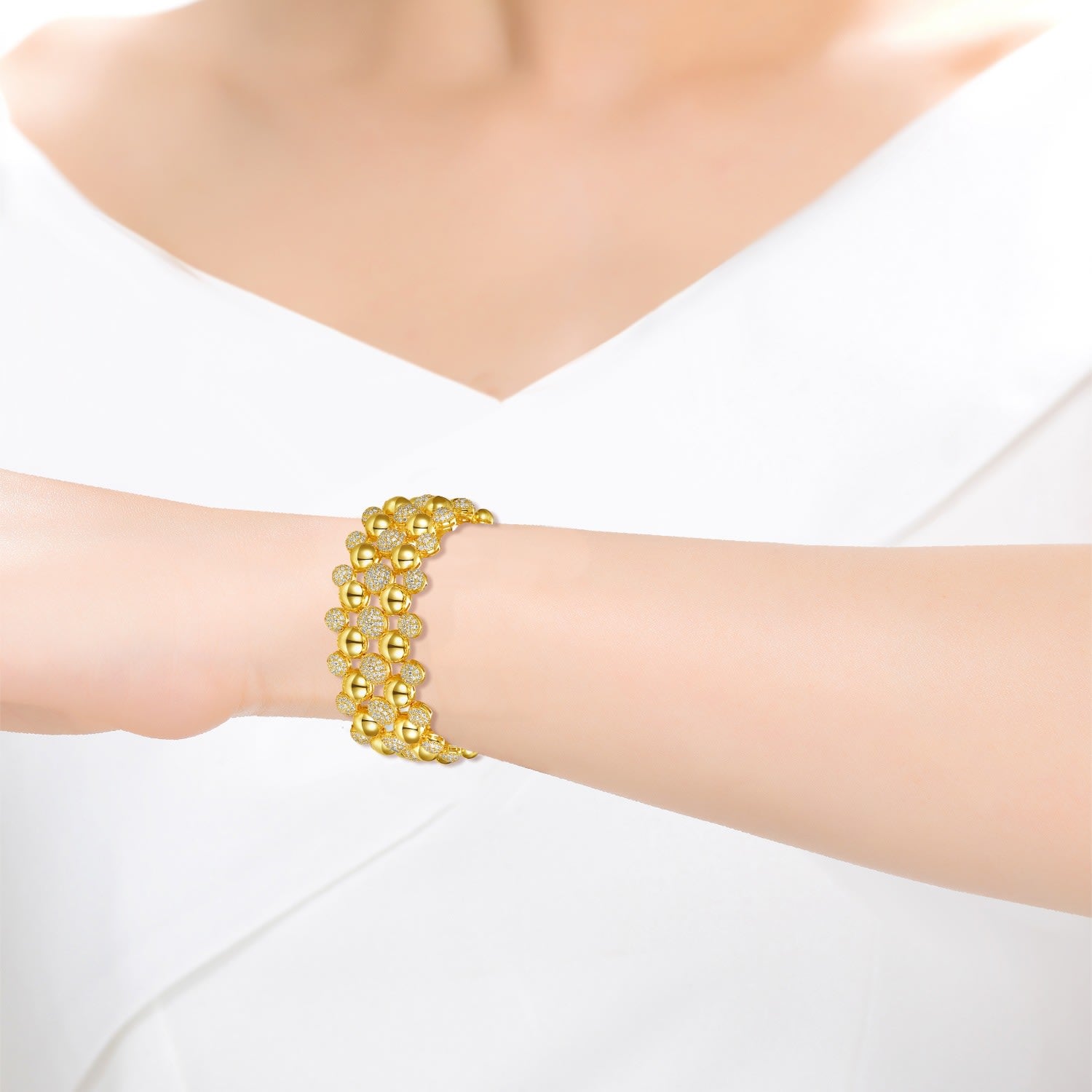 Rachel Glauber Yellow Gold Plated With Cubic Zirconia French Pave Medallion Mesh Link Bracelet