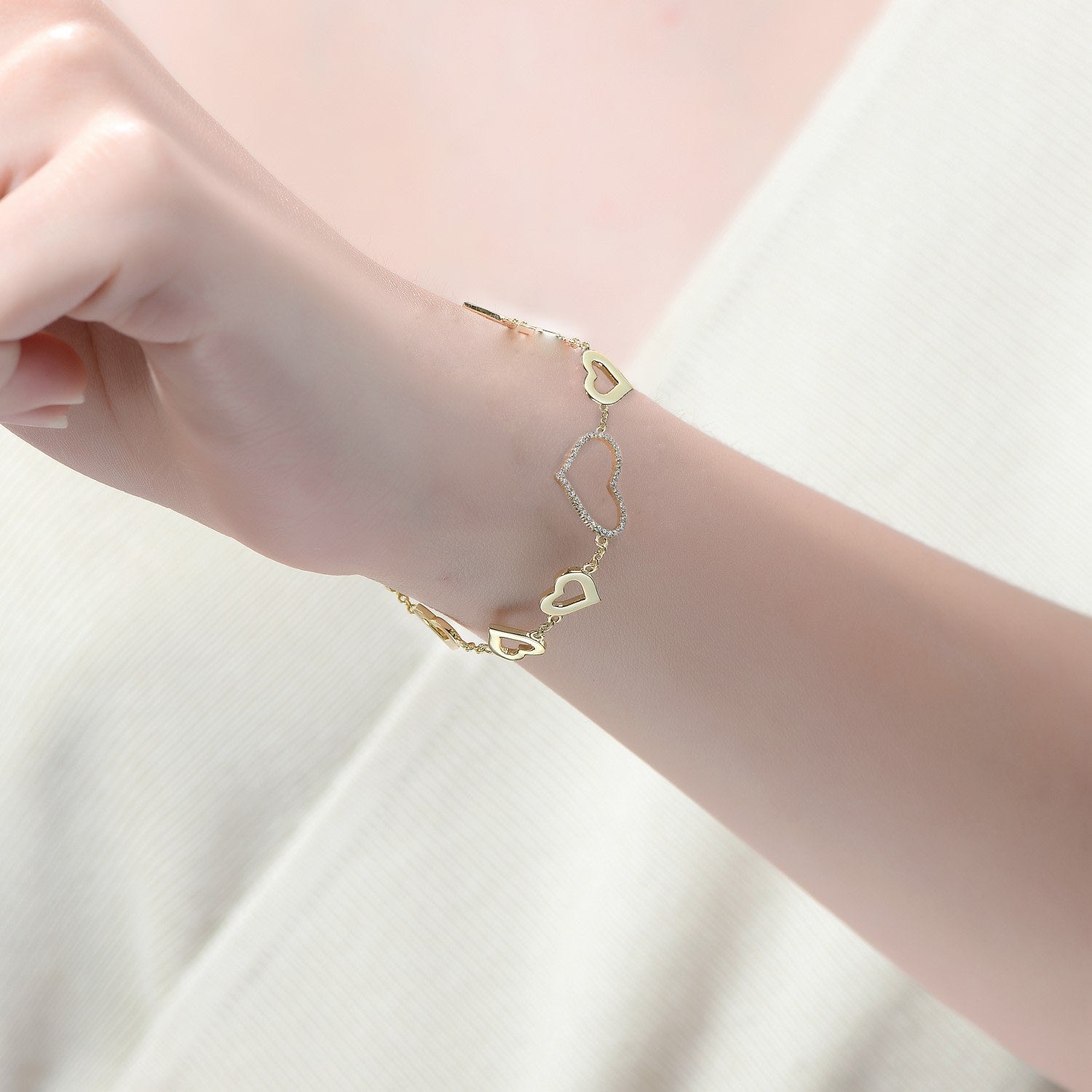 Rachel Glauber Yellow Gold Plated With Cubic Zirconia Heart Halo Charm Bracelet