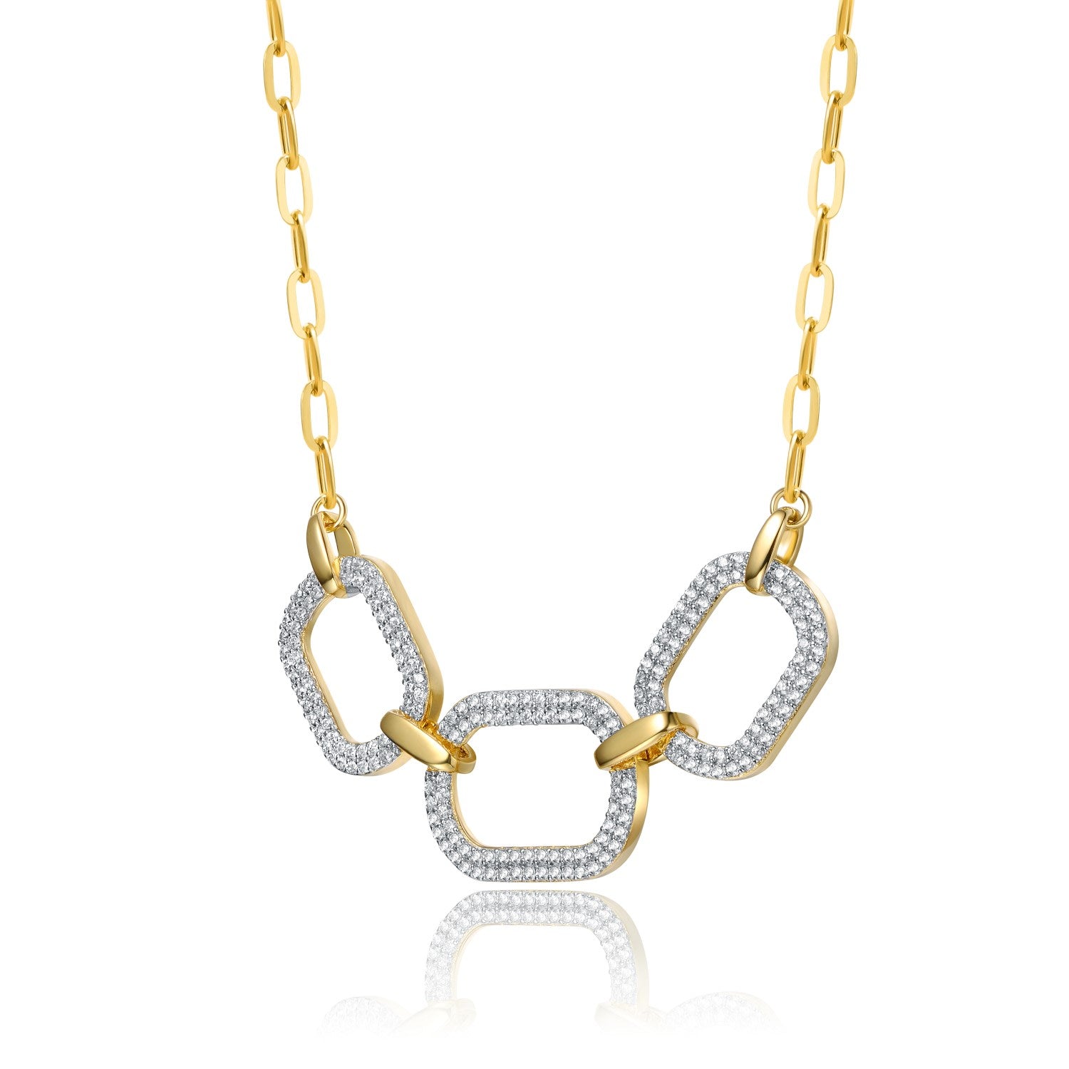 Rachel Glauber Yellow Gold Plated With Cubic Zirconia Pave Geometric Oval Chain Necklace