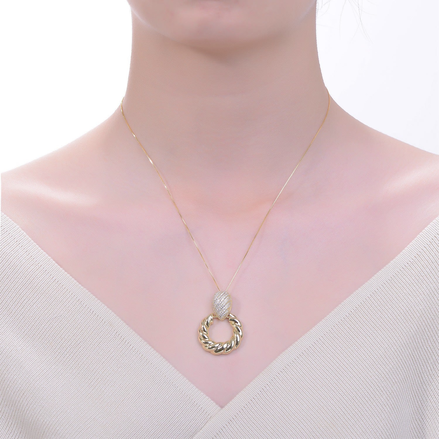 Rachel Glauber Yellow Gold Plated Cubic Zirconia Pave Twisted Rope Drop Hoop Door Knocker Pendant Necklace