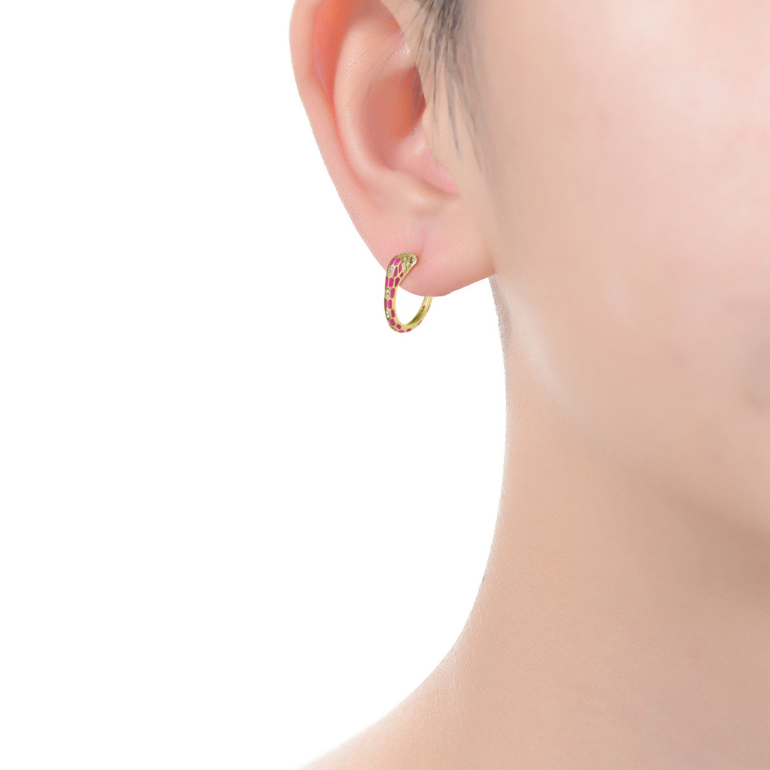 Yellow Gold Plated With Clear Cubic Zirconia Pink Enamel Python Snake C-Hoop Earrings