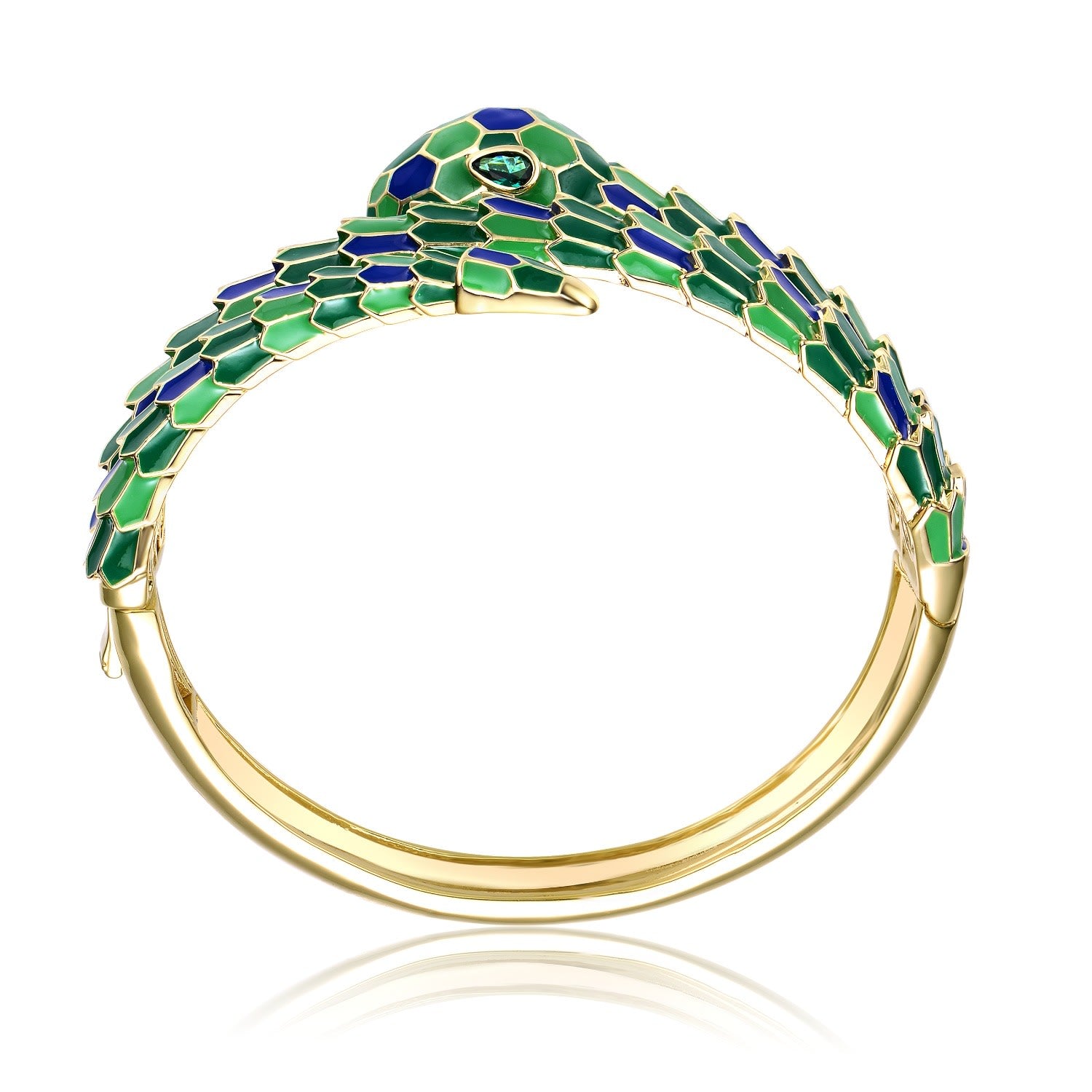 Yellow Gold Plated With Emerald Cubic Zirconia Green & Blue Enamel Serpent Coiled Bracelet