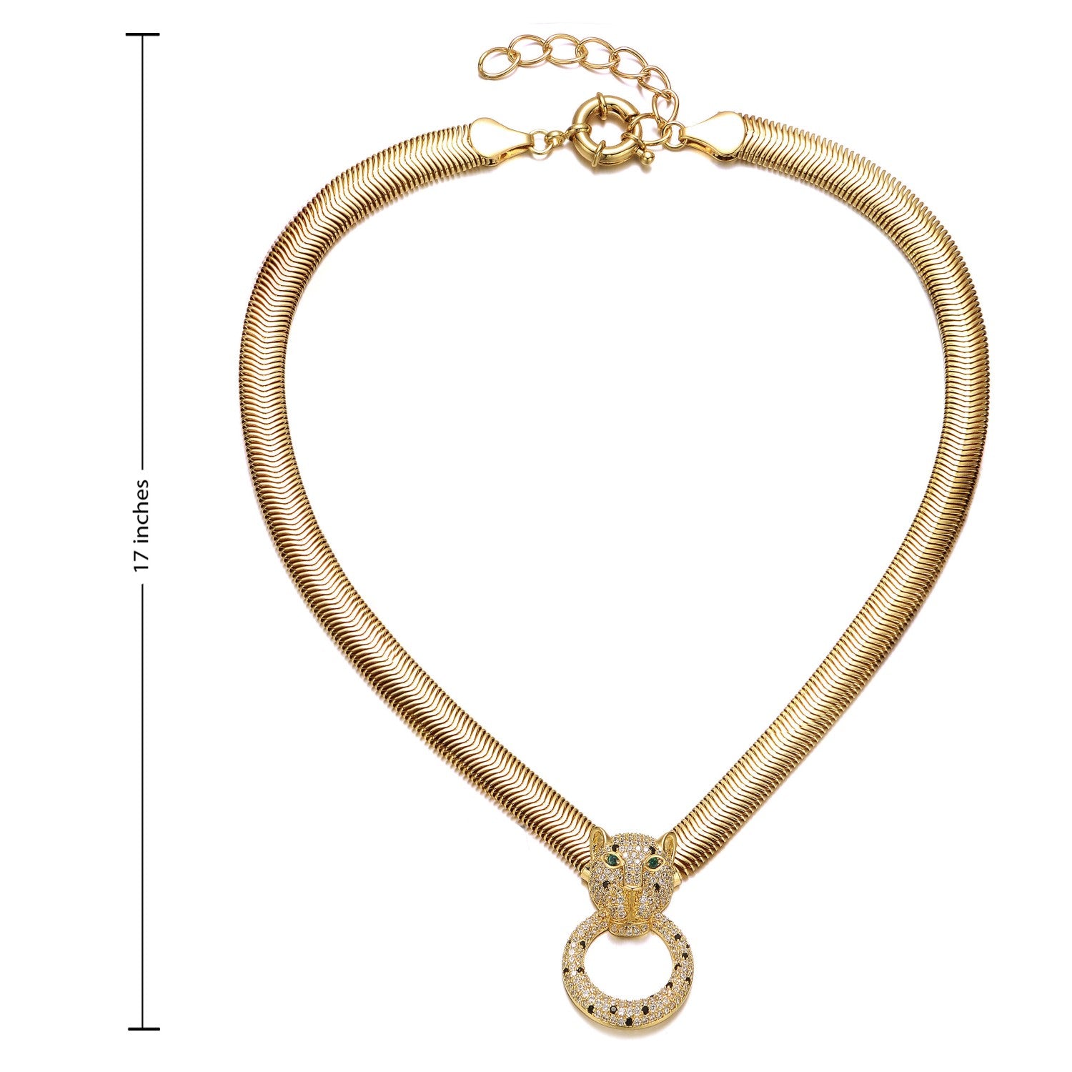 Rachel Glauber Yellow Gold Plated With Emerald & Cubic Zirconia Panther Head Door Knocker Wire Herringbone Chain Neckace