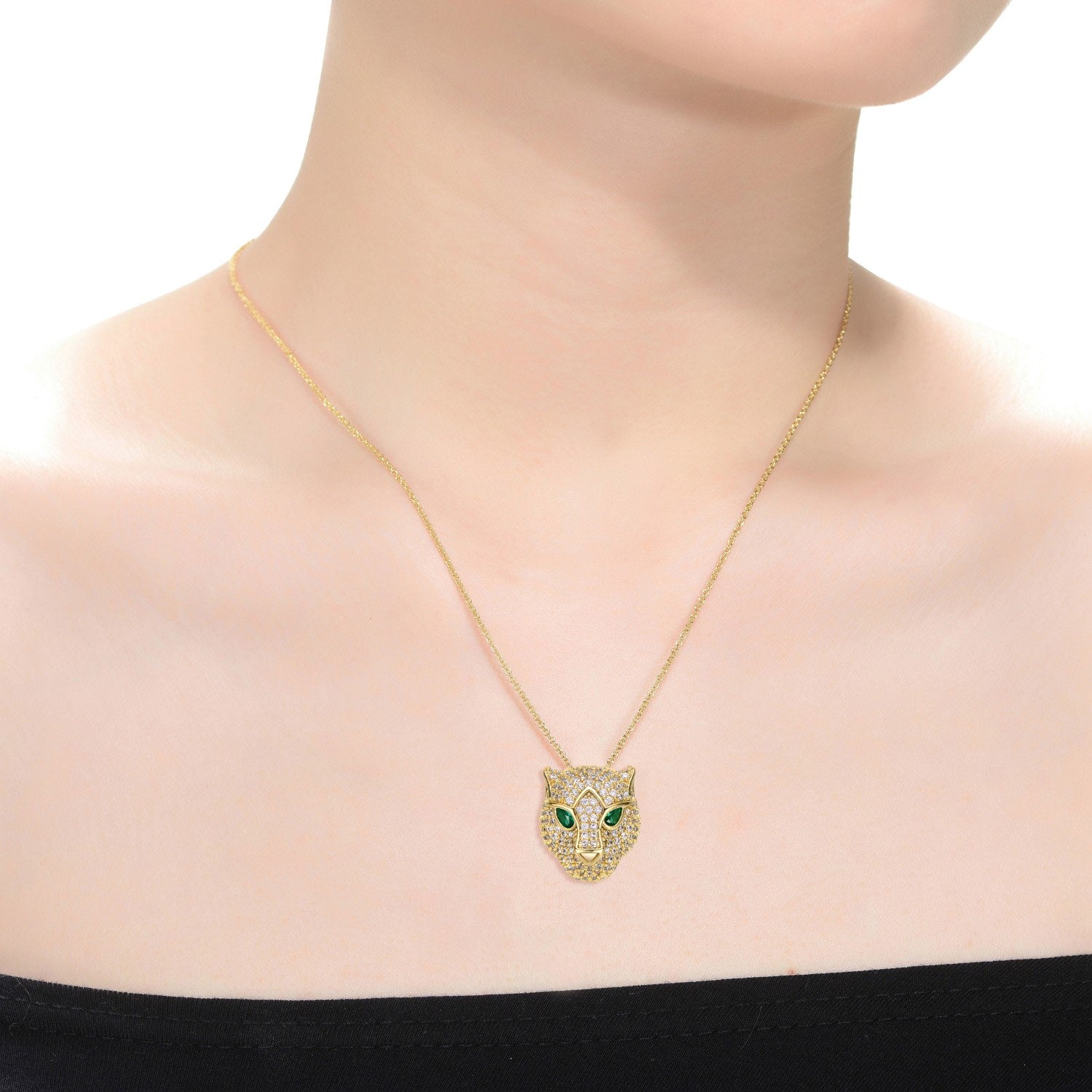 Rachel Glauber Yellow Gold Plated With Emerald & Cubic Zirconia Three-D Panther Head Pendant Layering Necklace