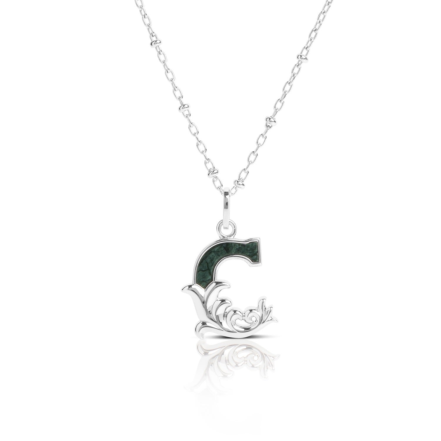 Solid Silver C Initial Necklace With Green Marble