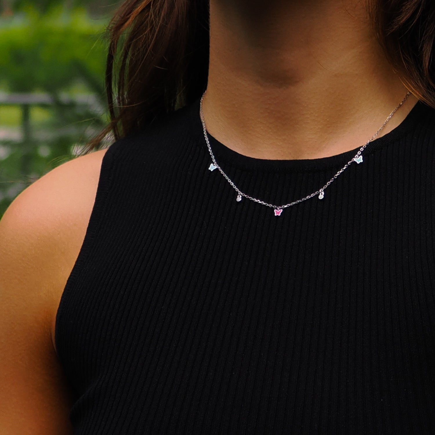 Rainbow Butterfly Sterling Silver & Diamond Choker Necklace - Silver